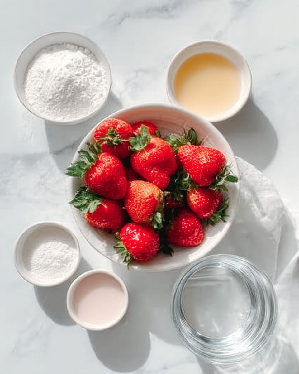 The image shows a white bowl filled with bright red strawberries with green leaves, placed in the center on a white marbled surface. Around the bowl, there are five smaller white bowls containing different ingredients: one has white granulated sugar, another has white powder (likely flour), one has a beige liquid, another has a pinkish powder, and the last has clear water. The bowls are arranged loosely around the large bowl of strawberries. The lighting is soft and natural. Photo taken with an iphone --ar 4:5 --v 7