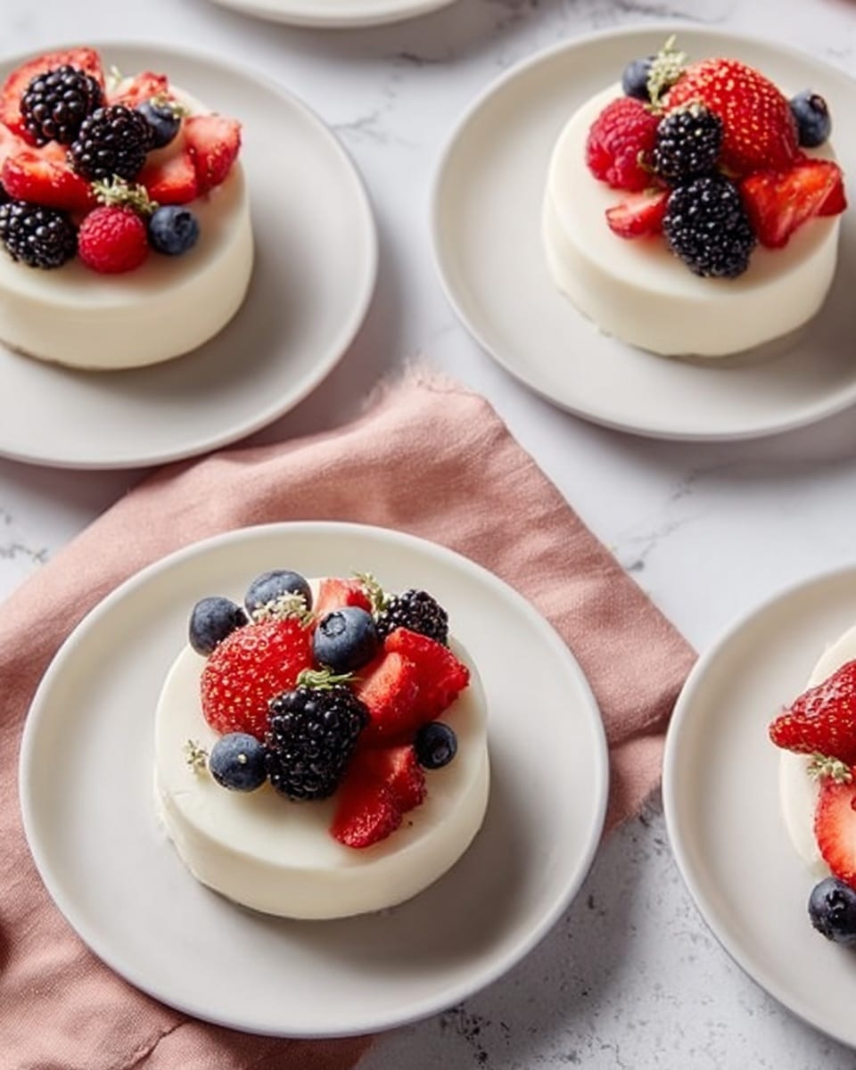 The image shows four small round cakes on white plates, each cake with a smooth, white frosting layer on top. The cakes are decorated with fresh mixed berries, including red strawberries, dark blackberries, and blue blueberries. The plates are arranged on a surface with a white marbled texture, and a soft muted pink cloth napkin is placed under one plate. The background is light and bright, enhancing the fresh and clean look of the desserts. photo taken with an iphone --ar 4:5 --v 7