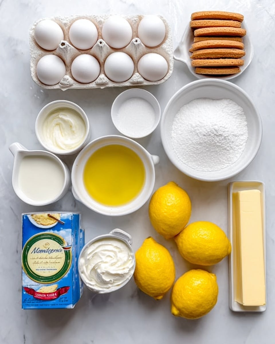 The image shows a white marbled surface with various baking ingredients arranged neatly. There is a white egg carton holding six white eggs near the top left. Below that, there is a small white bowl filled with clear yellow oil and another small white bowl with white granulated sugar. To the right, there is a neat stack of bright yellow lemons and a few measuring cups holding milk and cream. There is also a container of mascarpone cheese with a green lid placed near the bottom left, and a long blue rectangle box of ladyfinger cookies laying horizontally along the bottom edge. A rectangular stick of butter sits near the top right side. The entire scene is bright and clean, with each item clearly visible and spaced apart. photo taken with an iphone --ar 4:5 --v 7