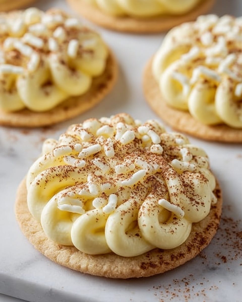 The image shows round cookies with two layers: the base is a light beige, smooth and firm cookie, and the top layer is a thick pipe of pale yellow cream piped in rows covering the cookie entirely. On top of the cream, there are white thin curls, likely chocolate or frosting, scattered across each cookie, and a fine dusting of brown powder sprinkled evenly over the cream. The cookies sit on a white marbled surface, with more cookies blurred in the background. photo taken with an iphone --ar 4:5 --v 7