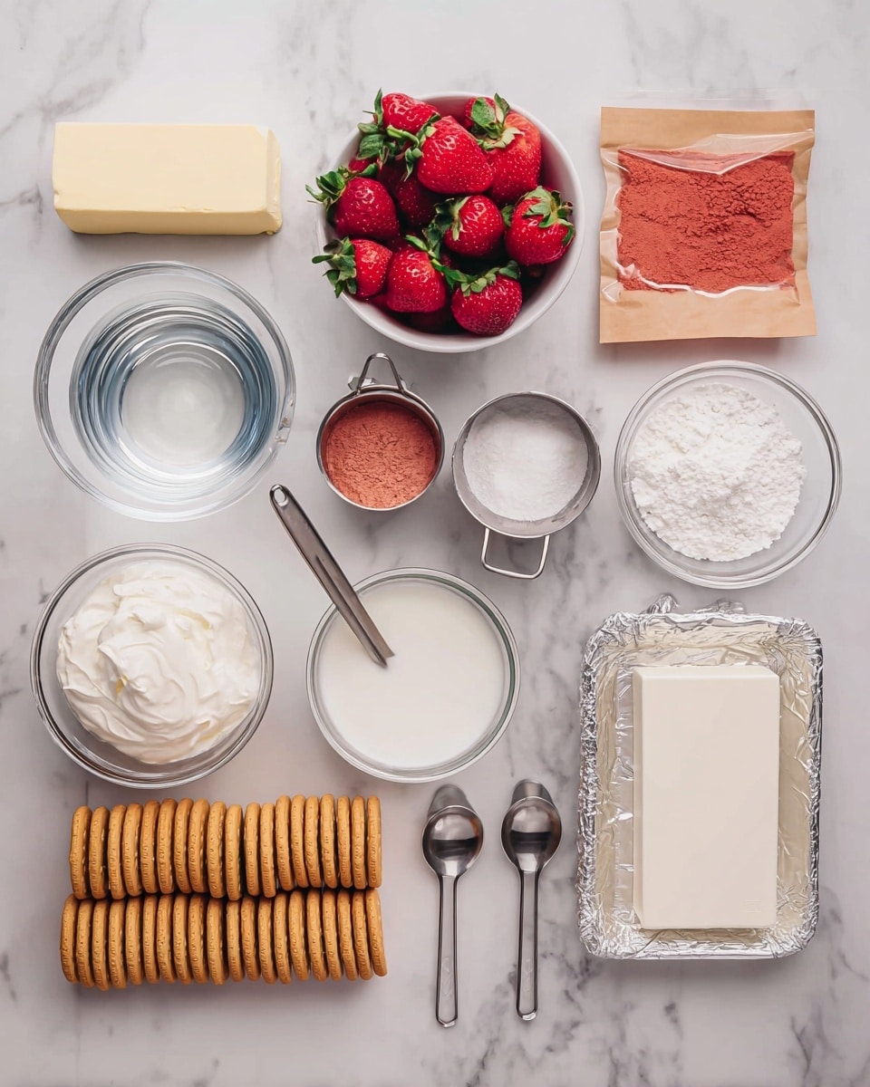 The image shows ingredients for a dessert laid out neatly on a white marbled surface. On the top left, there is a stick of butter, next to a clear glass measuring cup filled with water. In the middle top, there is a white bowl full of fresh red strawberries with green leaves. To the right of the strawberries, there is an open brown paper packet with reddish powder inside. Next are two metal measuring cups, one filled with white powdered sugar and the other empty. Below these are a small glass bowl with white liquid and a metal teaspoon inside, and another clear glass measuring cup with water. On the bottom left, there is a white bowl full of thick white cream. Next to it are three rows of golden sandwich cookies in a plastic tray. On the bottom right, there is a rectangular block of white cream cheese on silver foil. All items are clearly visible with clean arrangement and bright lighting photo taken with an iphone --ar 4:5 --v 7