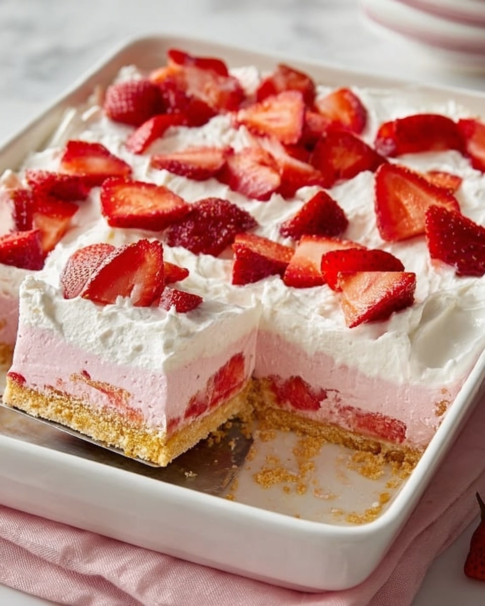 A square white baking dish holds a layered dessert with four visible layers: the bottom layer is a golden crumbly crust, on top of that is a thick pink creamy layer, followed by a smooth white whipped topping, and the topmost layer is decorated with fresh red strawberry slices scattered evenly across the surface. One piece is lifted out with a flat spatula, showing the layers clearly from the side. The white marbled surface underneath and a light pink napkin add softness to the scene. photo taken with an iphone --ar 4:5 --v 7