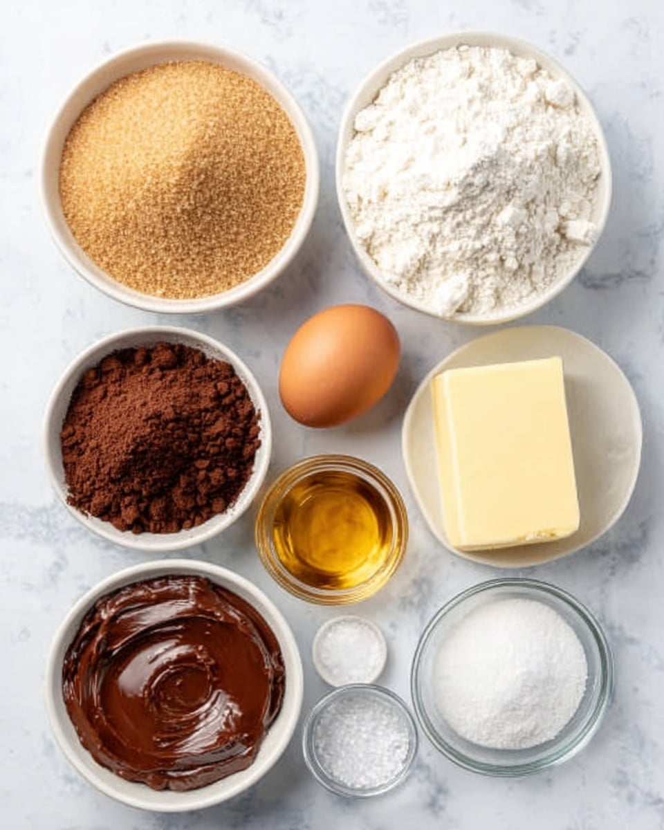The image shows eight separate ingredients in bowls and on a white marbled surface. There is a white bowl filled with light brown sugar at the top left and next to it a white bowl with white flour. Below the brown sugar, there is a single brown egg placed on the surface. Below the flour and egg, there is a white bowl filled with dark brown cocoa powder, and next to it a small glass bowl with a golden liquid. In the center, a white bowl holds a spread of smooth, shiny chocolate, with a rectangular block of pale yellow butter placed to its right. Below the chocolate and butter, two small clear bowls contain white sugar and a small amount of salt. The arrangement is neat and bright, with a soft natural light. photo taken with an iphone --ar 4:5 --v 7