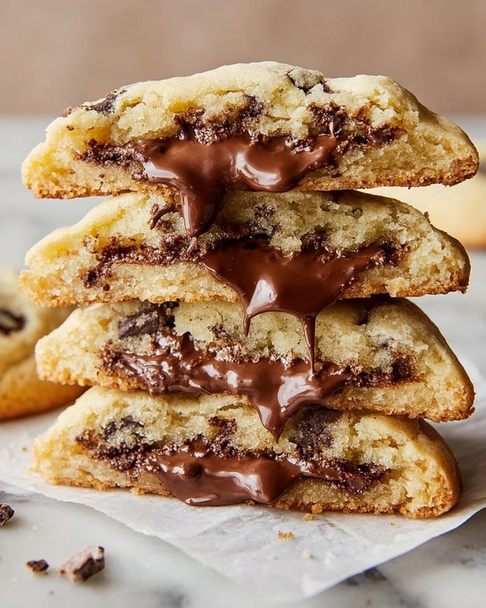 A stack of four thick cookie halves is shown, each with a light golden brown outside and soft, pale yellow inside. Each cookie is filled with melted milk chocolate that flows and pools in the center, with dark chocolate chips visible inside. The cookies are placed on a piece of white parchment paper over a white marbled surface. The texture of the cookies looks soft and fluffy with a slightly crispy edge. Photo taken with an iphone --ar 4:5 --v 7