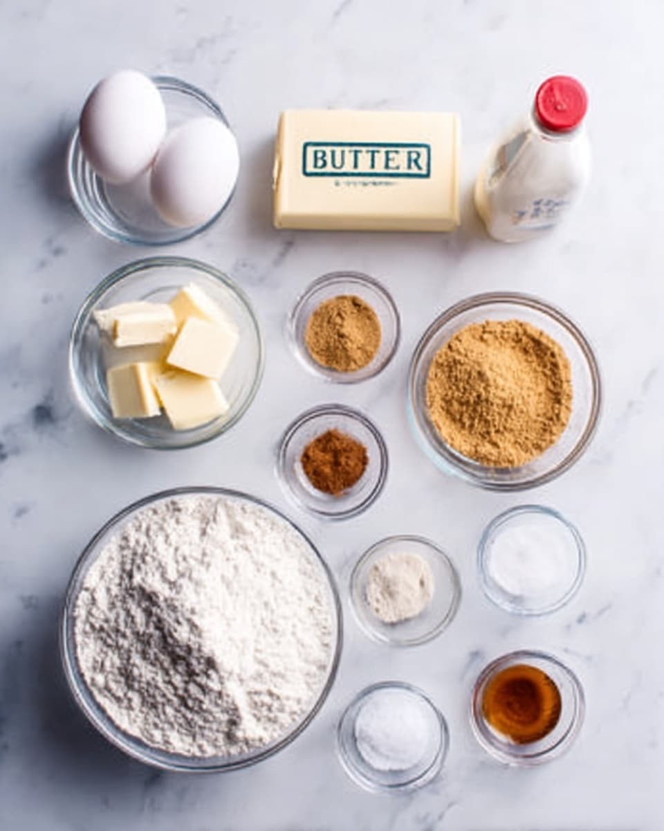 The image shows small clear glass bowls and containers arranged on a white marbled surface. There are two white eggs near the center and a rectangular package of butter with the word