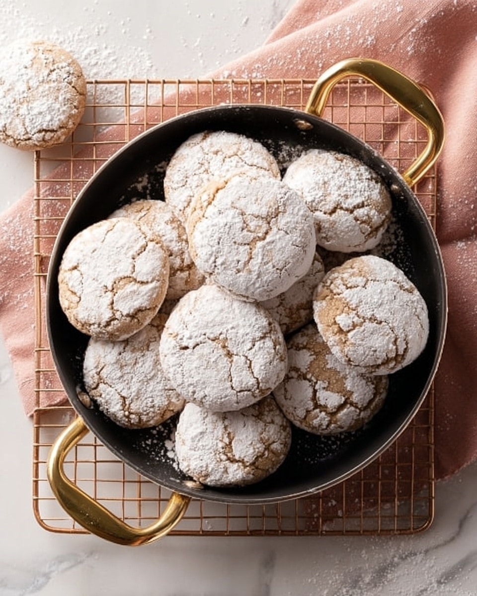 A round black pan with gold handles is filled with eight round cookies covered lightly with white powdered sugar, showing soft brown spots where sugar is thin. The cookies have a cracked, slightly rough texture. The pan sits on a square wire rack placed on a white marbled surface with a soft pink cloth under the rack's edge. The top view shows the mix of white sugar and soft brown cookie tops in the pan, with one cookie outside the pan near the corner. Photo taken with an iphone --ar 4:5 --v 7