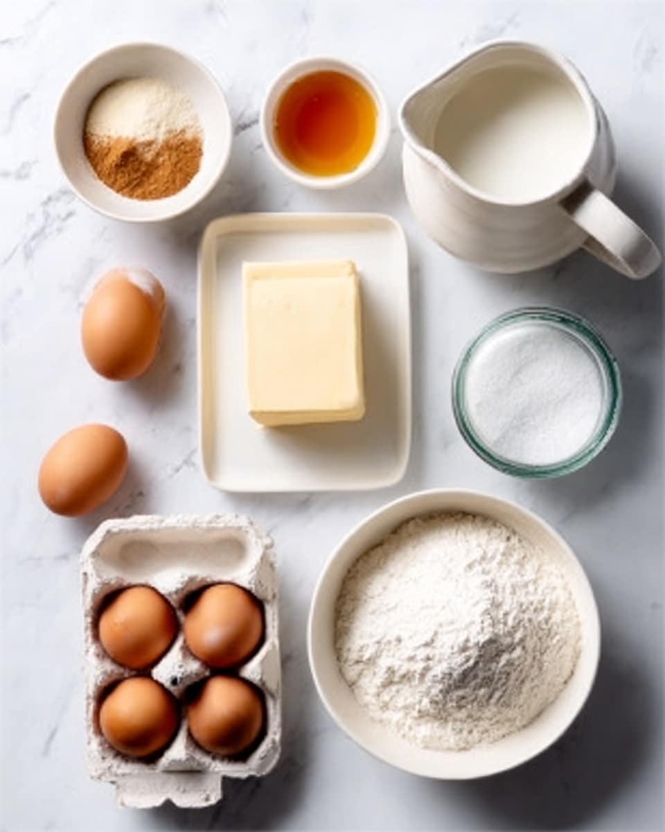 The image shows baking ingredients neatly arranged on a white marbled surface. There are two brown eggs resting in a white egg carton on the bottom left. Above the eggs is a small white bowl filled with a light brown powder, likely cinnamon, and next to it is a small white bowl with an amber liquid, possibly honey or syrup. In the center, a white rectangular plate holds a solid block of butter. To the right of the butter is a large white bowl filled with white flour. At the top center sits a large white pitcher full of milk, and to its right, a small glass jar of white sugar. The scene is bright and clean, with natural light adding soft shadows. Photo taken with an iphone --ar 4:5 --v 7