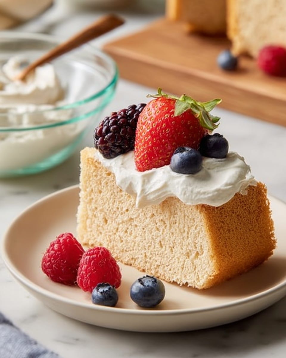A single slice of light brown sponge cake with a soft texture sits on a white plate. On top of the cake is a layer of smooth white cream. The cream is topped with a halved red strawberry with a green stem, a large dark purple blackberry, and a small blue blueberry. On the plate next to the cake are two red raspberries and two more small blueberries. The plate is on a white marbled surface, with a clear glass bowl of white cream and a wooden cutting board blurred in the background. photo taken with an iphone --ar 4:5 --v 7