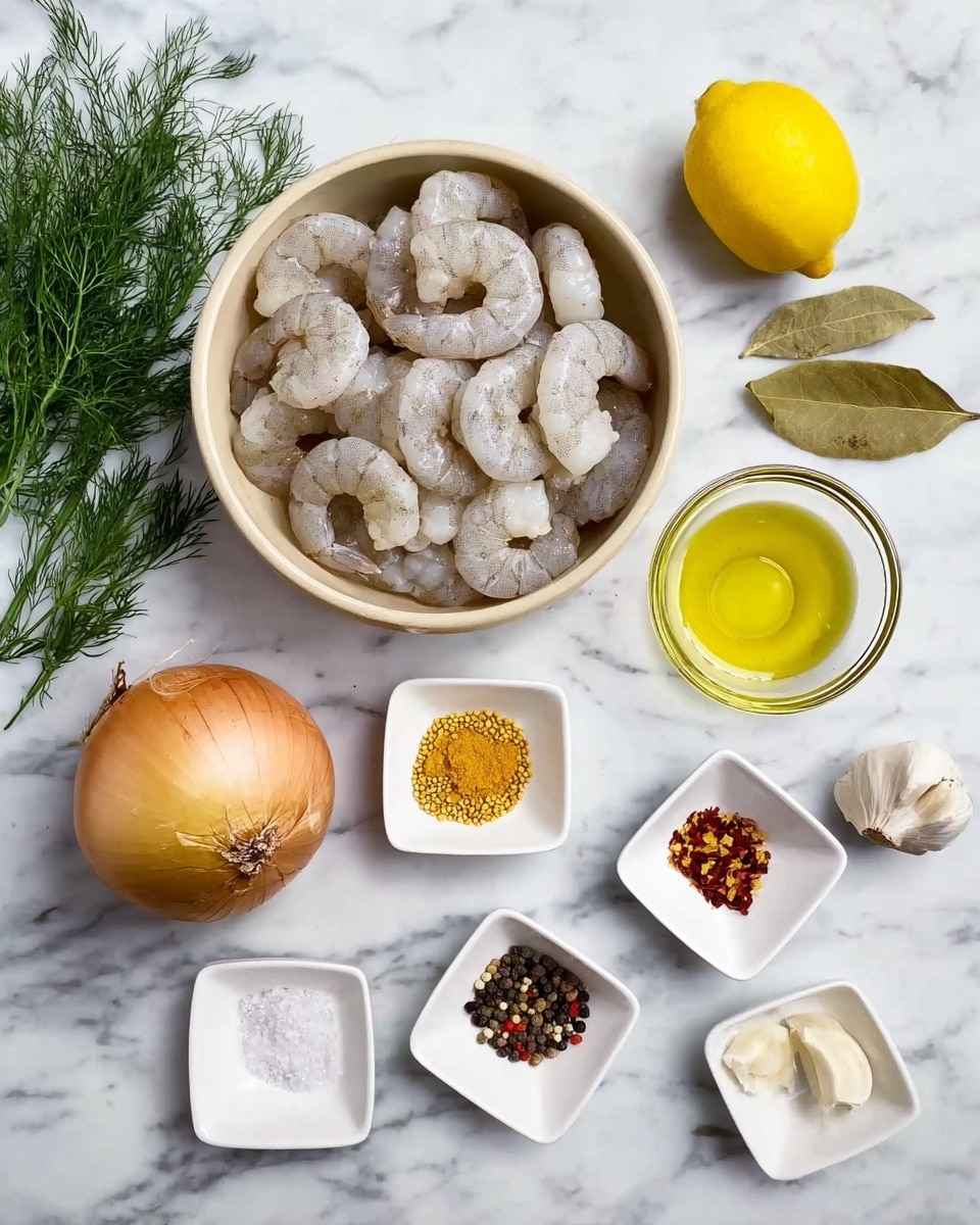 A beige bowl filled with raw pale gray shrimp sits near the top center of the image on a white marbled surface. To the left of the bowl, a bright yellow lemon and fresh green dill sprigs are placed beside a golden brown onion. Below the onion is a small clear glass of light yellow oil. In the middle are small white square dishes arranged casually, holding various ingredients: a small pile of golden mustard seeds, a dollop of yellow mustard, black and white peppercorns, red pepper flakes, a bay leaf, a single garlic clove, and a small mound of salt. The overall setup is clean and organized for meal preparation, photo taken with an iphone --ar 4:5 --v 7
