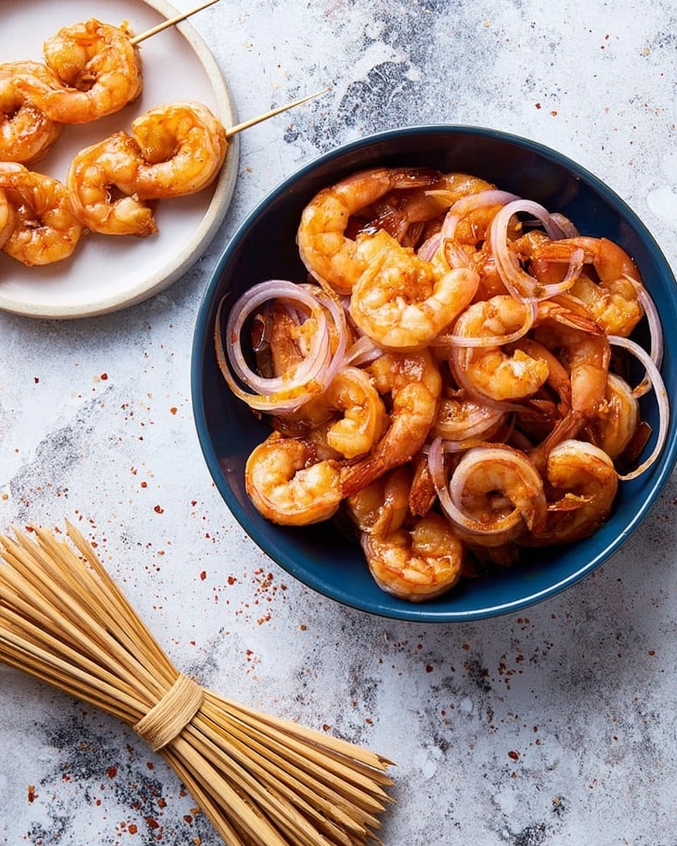 The image shows a dark blue bowl filled with cooked shrimp that are bright orange with a glossy texture, mixed with thin rings of red onion scattered on top. To the left, there is a small white plate holding three shrimp skewered on light brown bamboo sticks, with the shrimp arranged in loops. Below the plate, a bundle of tied bamboo skewers sits on the white marbled surface, which has dark and light gray patterns with some brown and red spots. The overall look is colorful and fresh, with the shrimp as the main focus. photo taken with an iphone --ar 4:5 --v 7