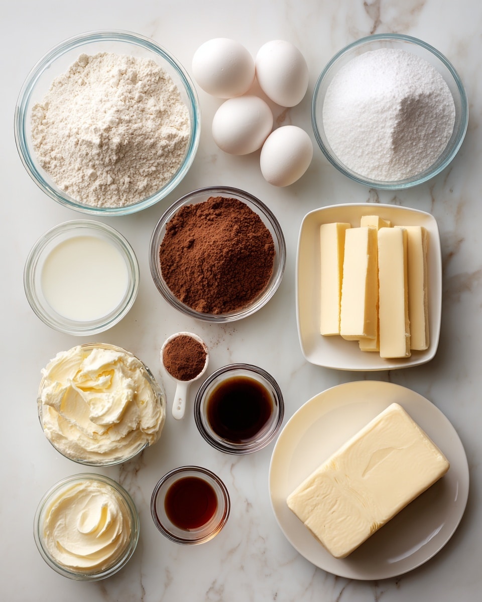 The image shows various baking ingredients arranged neatly on a white marbled surface. There are clear glass bowls with white flour, powdered sugar, and granulated sugar. A small white dish holds two sticks of pale yellow butter, while a larger white bowl contains four white eggs. A small dish has light brown cocoa powder, and another small white dish holds baking powder. A clear glass measuring cup contains milk, and a small glass bowl has cream cheese or sour cream with a smooth, creamy texture. There is a block of cream cheese unwrapped on a white plate, a small dish with a lighter yellow piece of butter, and two small clear bowls with dark vanilla extract and another liquid. The items are all clean and well-organized, placed evenly spaced. Photo taken with an iphone --ar 4:5 --v 7
