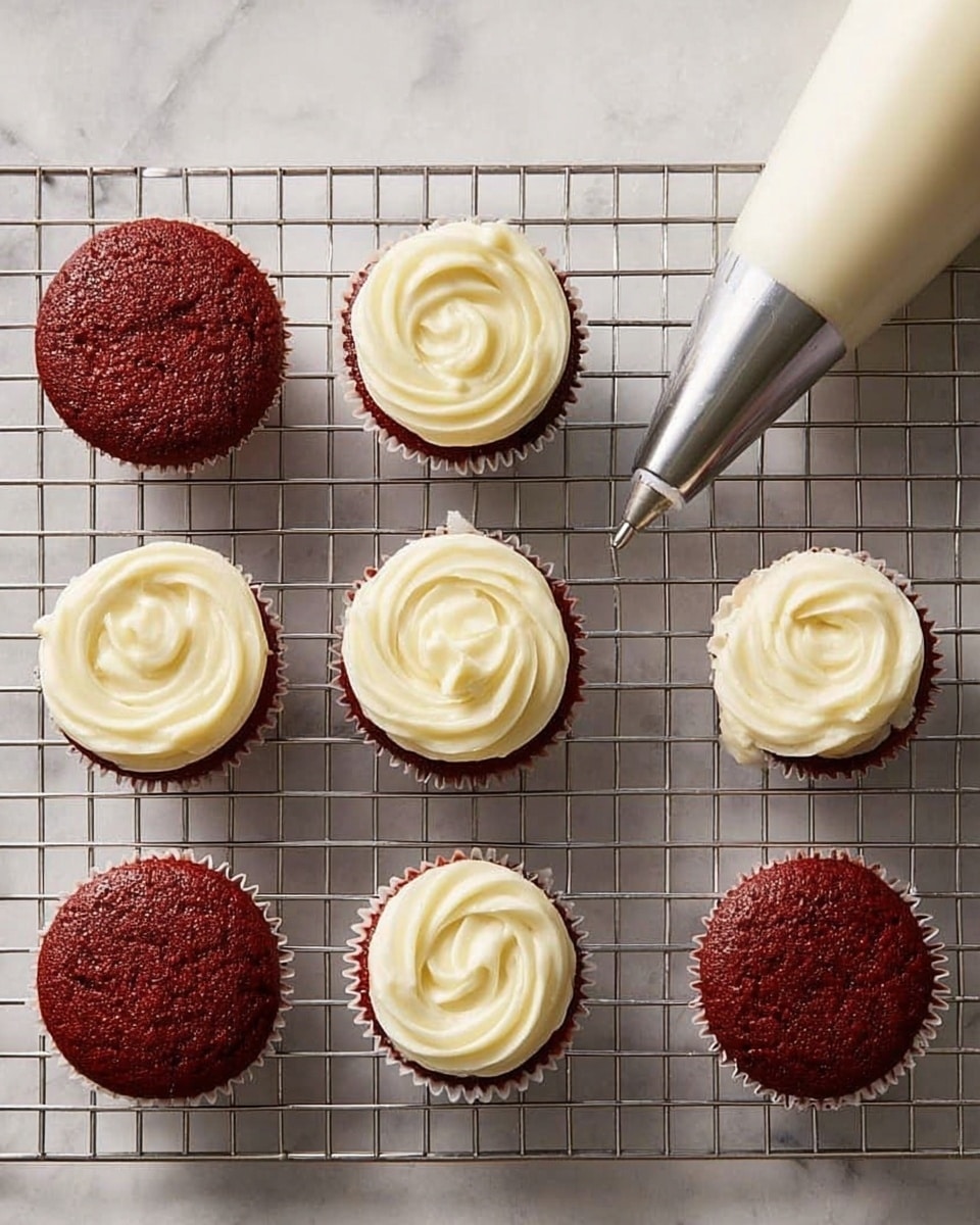 The image shows nine small round red velvet cupcakes on a metal cooling rack placed over a white marbled surface. Five of the cupcakes are topped with thick swirls of smooth, creamy white frosting, each swirl having a slight peak in the center. Four of the cupcakes are plain, showing the deep reddish-brown cake texture on top. In the upper part of the image, there is a white piping bag with a metal nozzle positioned diagonally, filled with the same creamy frosting, ready to be used. The entire scene has soft, natural lighting. photo taken with an iphone --ar 4:5 --v 7