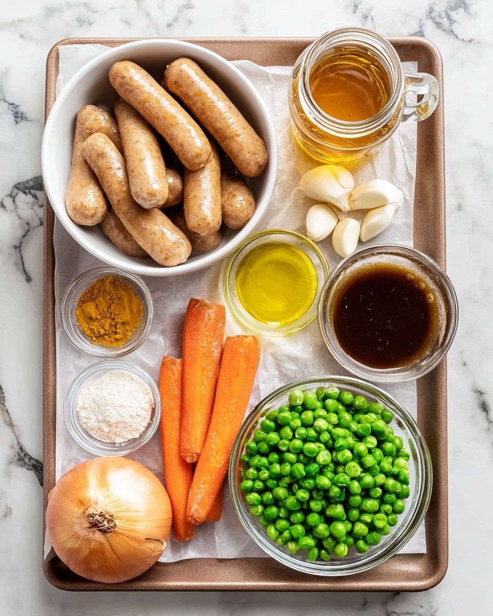 A light brown tray with a white paper liner holds a white bowl filled with many light brown sausages on the top left. To the right of the sausages, a tall glass jar contains a golden brown liquid. Below that, a clear glass bowl is filled with fresh green peas. Near the bottom right corner, another clear glass bowl holds a glossy dark brown sauce. To the left of this bowl, three small peeled garlic cloves rest beside a small clear bowl of light yellow oil and a separate small clear bowl of white flour. Below the sausage bowl, two bright orange carrots lie diagonally beside a whole round yellow onion with some flaky skin. Near the bottom left corner of the tray, small clear bowls contain yellowish curry powder and white salt. The tray is placed on a surface with a white marbled texture photo taken with an iphone --ar 4:5 --v 7