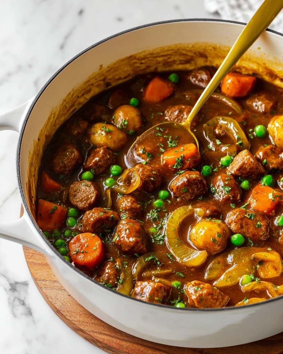 The image shows a close-up of a white pan filled with a stew made of three main layers. The bottom layer consists of a thick brown sauce with a glossy texture that coats everything. The middle layer has chunks of browned sausage, round meatballs, and orange carrot slices with a soft texture. Scattered throughout are bright green peas adding small pops of color. On top, there are translucent slices of cooked onion mixed in with the sauce, and some chopped green herbs sprinkled lightly. A gold spoon is inside the pan scooping some of the stew, and the pan is sitting on a round wooden board on a white marbled surface. Photo taken with an iphone --ar 4:5 --v 7