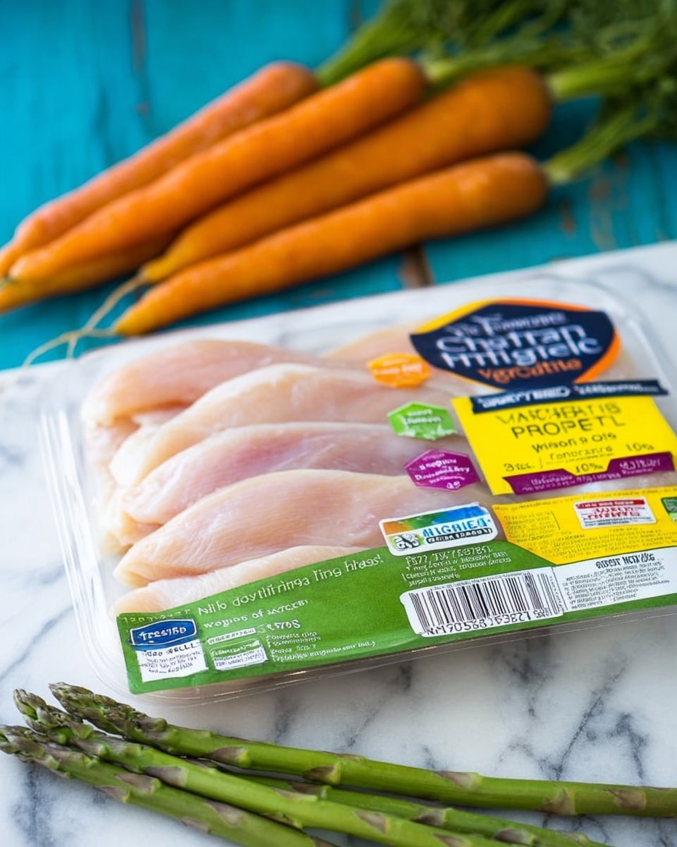 A white plastic package with thin slices of pale pink chicken fillets arranged inside, each slice slightly overlapping the other in a single layer. The package has several colorful stickers and labels, including a large green label at the bottom with white text, a yellow and red price tag on the right side, and a blue and orange Non-GMO Project Verified logo near the top center. Behind the package, a bunch of bright orange carrots with green tops lay diagonally on a blue wooden surface. In the foreground, a small bunch of green asparagus lies horizontally near the bottom edge. The entire scene is set on a white marbled surface photo taken with an iphone --ar 4:5 --v 7