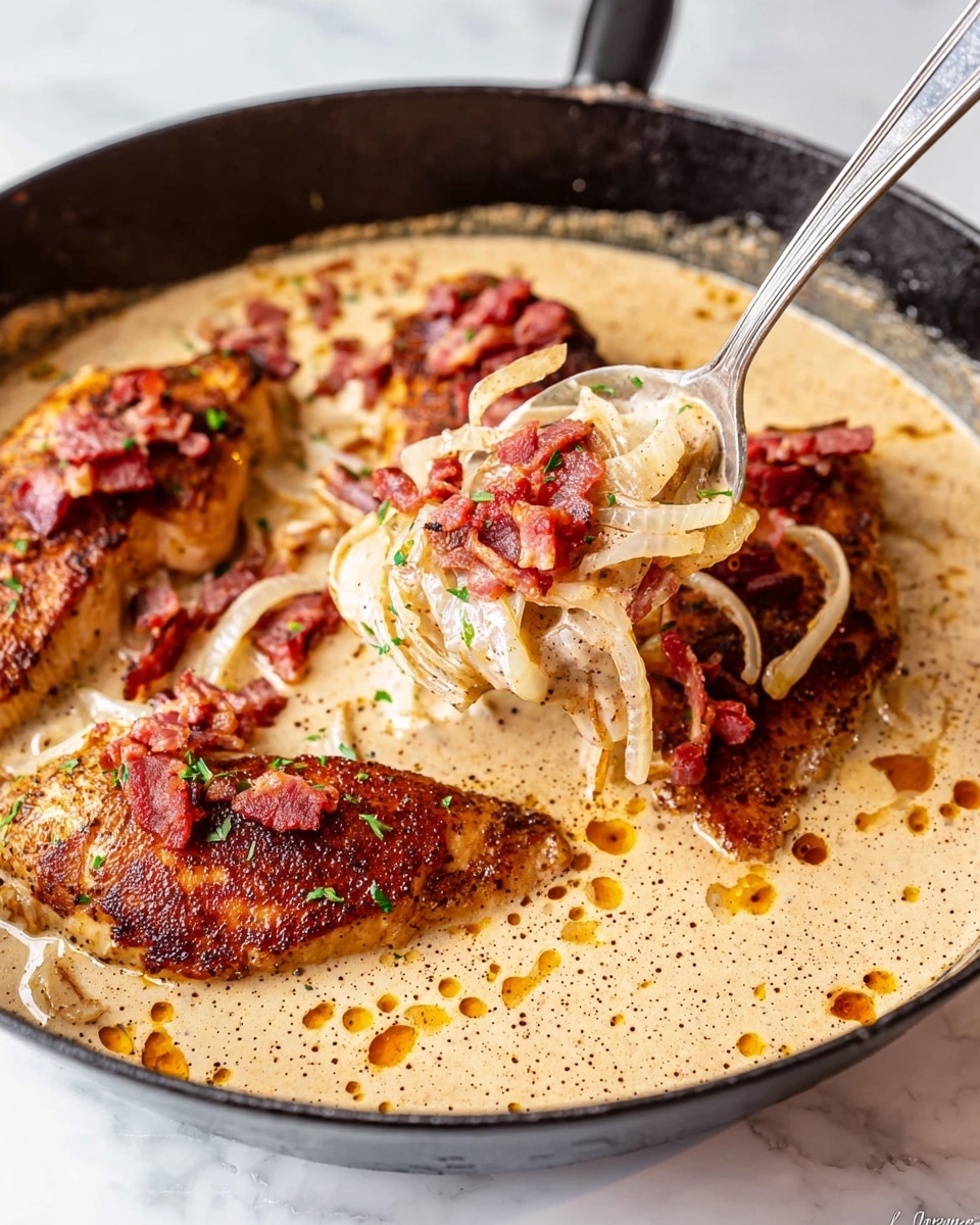 The dish shows a black cast iron pan filled with creamy beige sauce with specks of black pepper and orange oil droplets on the surface. In the pan, there are four browned chicken pieces, each topped with small, shiny red bacon bits and thin, soft yellow onion strips. A silver spoon lifts some of the creamy sauce along with onions and bacon from one chicken piece, highlighting the creamy and slightly thick texture of the sauce. The pan sits on a white marbled surface. Photo taken with an iphone --ar 4:5 --v 7