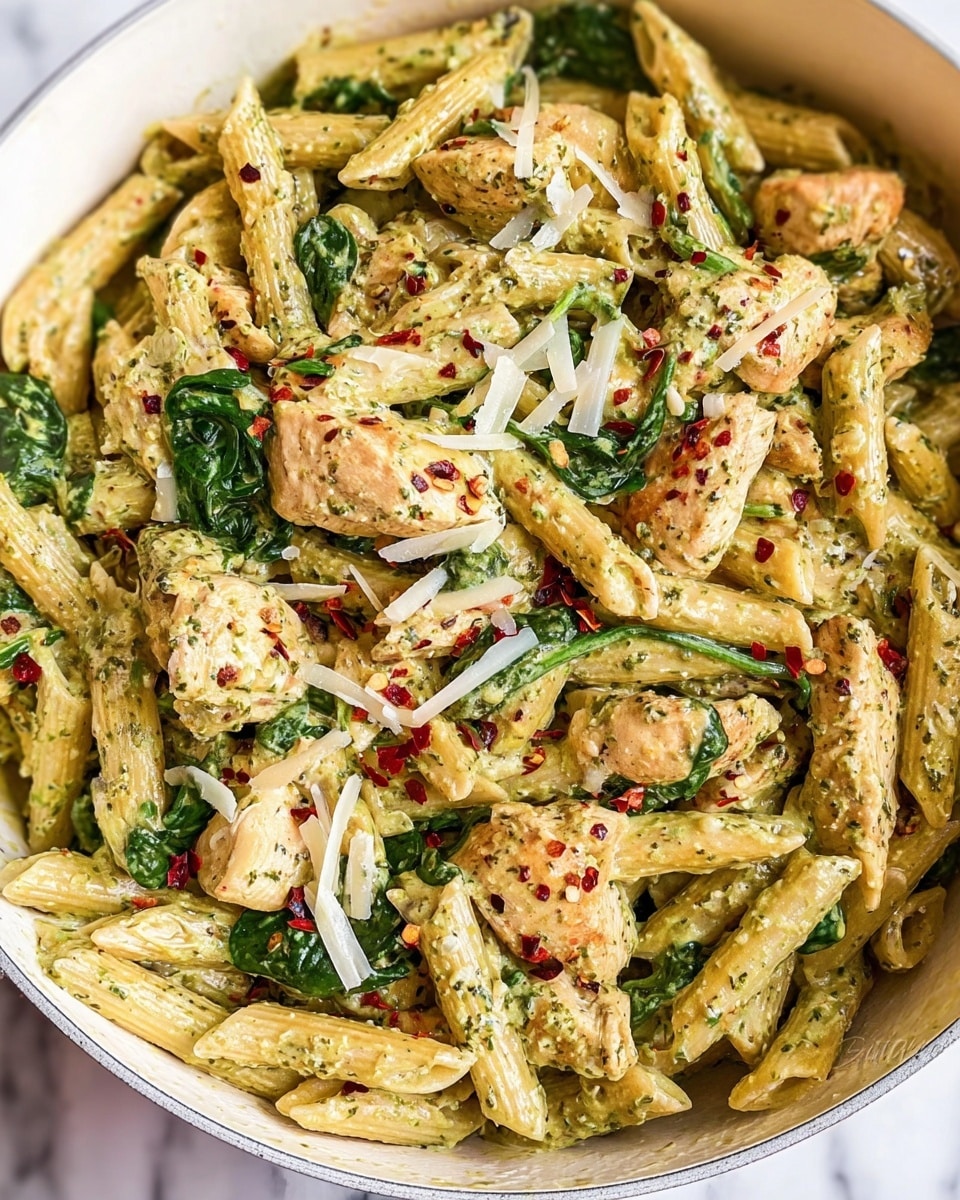 The image shows a close-up of a white pot filled with creamy penne pasta mixed with small chunks of light golden cooked chicken and vibrant green spinach leaves. The pasta and chicken are coated in a light green creamy sauce with visible specks of herbs, and there are red chili flakes sprinkled evenly over the dish for a touch of color. There are also thin shreds of white cheese scattered on top, adding texture. The overall look is rich and colorful, set against a white marbled surface. photo taken with an iphone --ar 4:5 --v 7