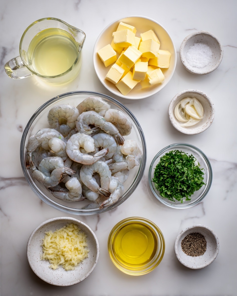 The image shows nine containers arranged on a white marbled surface. In the center, there is a clear glass bowl filled with raw peeled shrimp with grayish-white flesh and tails. To the right of the shrimp, a small clear glass bowl holds bright green chopped herbs. Below that is a white bowl with finely chopped pale yellow garlic. Above the herbs is a clear glass bowl containing four light yellow cubes of butter. To the left of the shrimp, there is a clear glass liquid measuring cup with a pale yellow liquid inside. Above it, two small white speckled bowls hold ground black pepper and coarse salt. Near the top center, two small clear glass bowls contain clear golden-yellow oil and translucent pale yellow lemon juice. The photo taken with an iphone --ar 4:5 --v 7
