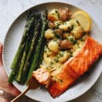 Spring Salmon with Creamed Leeks, Roasted Potatoes, and Asparagus Recipe