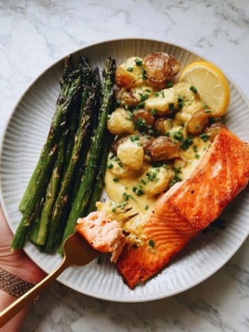 Spring Salmon with Creamed Leeks, Roasted Potatoes, and Asparagus Recipe