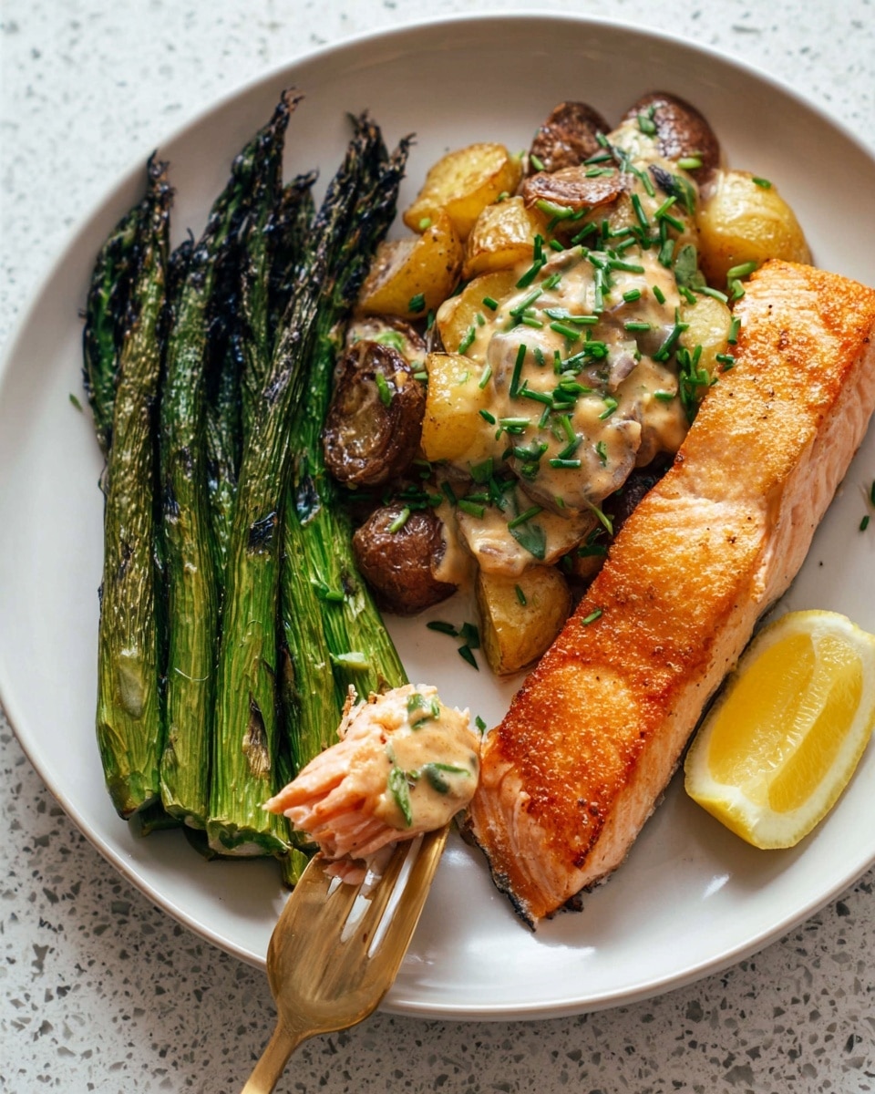 A white plate holds a meal with three main parts. On the left side, there are dark green, slightly charred asparagus spears arranged neatly. In the center, there is a layer of golden brown, roasted potato pieces topped with a light tan creamy sauce with small bits of onion and sprinkled with fresh green chives. On the right side, there is a piece of cooked salmon with a golden, crisp skin, showing pink flesh underneath where a white and gold fork rests, lifting a small piece. At the bottom near the salmon, there is a bright yellow lemon wedge, all set on a white marbled surface. Photo taken with an iphone --ar 4:5 --v 7