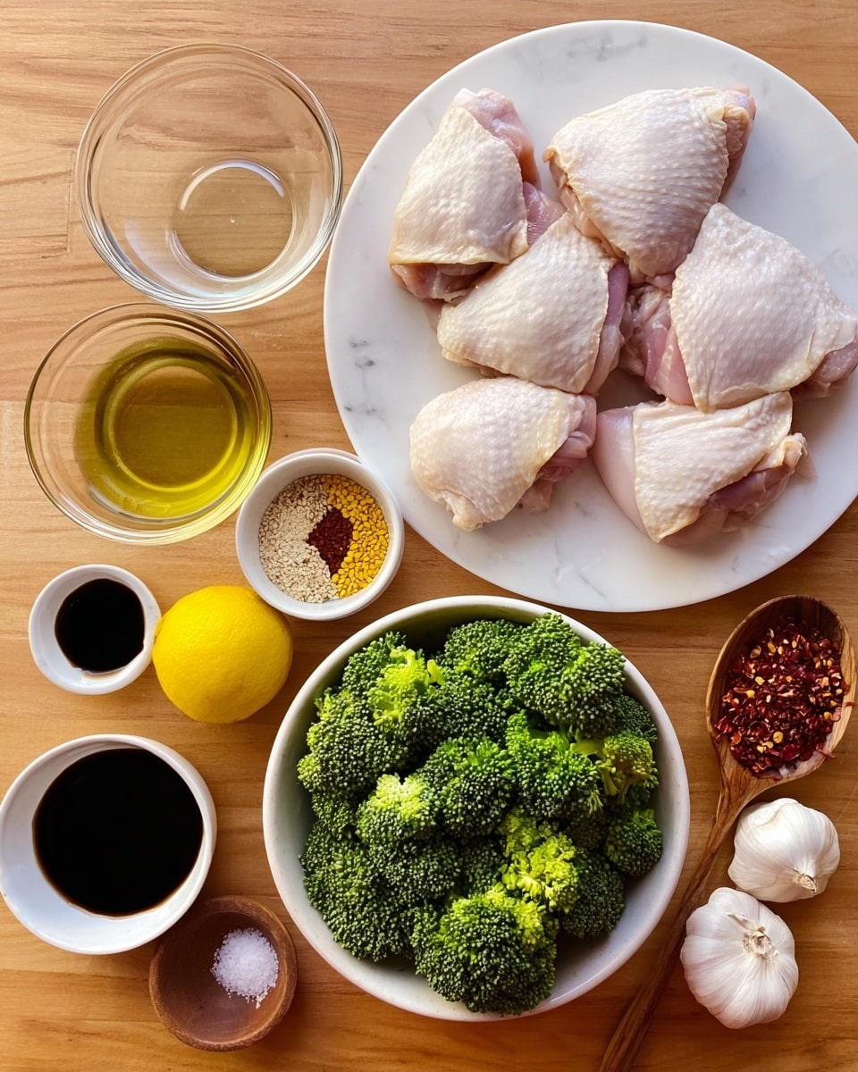 A white plate on a white marbled surface holds raw chicken thighs with skin, showing light pink and creamy white colors, placed at the top right. Below the plate is a white bowl filled with bright green broccoli florets. Around the plate and bowl, small white bowls and containers hold different ingredients: clear liquid in a glass bowl, dark soy sauce, light honey-colored liquid, yellow oil, sesame seeds, crushed red chili flakes, and whole garlic bulb, with a lemon placed near the center. A small wooden spoon next to the broccoli bowl holds a pinch of salt. The whole setup is on a light wooden table. Photo taken with an iphone --ar 4:5 --v 7