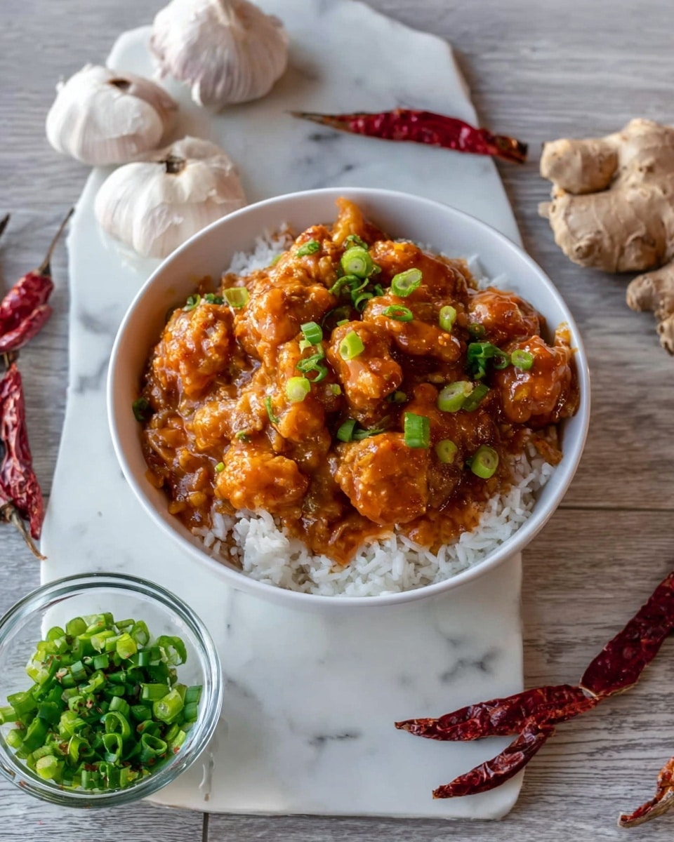 A white bowl filled with a base layer of white rice, topped with a thick, glossy orange sauce coating chunks of crispy fried chicken pieces. Scattered green chopped onion pieces sit on top of the chicken, adding a fresh pop of color. The bowl is placed on a white marbled surface surrounded by whole garlic bulbs, red dried chili peppers, fresh ginger root, and a small clear glass bowl of bright green chopped spring onions nearby. The image is lit naturally, showing texture and color clearly, photo taken with an iphone --ar 4:5 --v 7