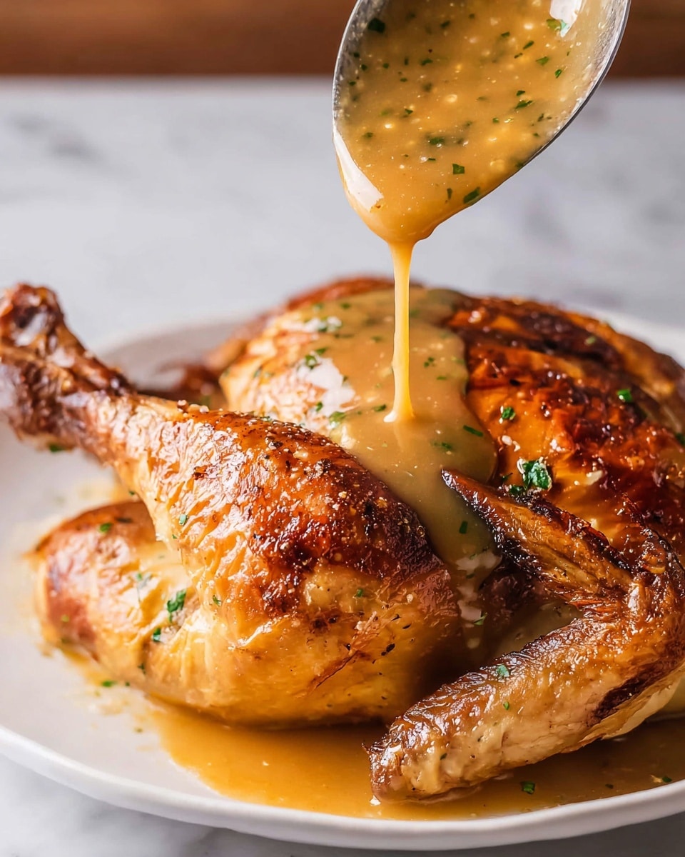 A close-up view of a golden brown cooked chicken lying on a white plate, with crispy skin and roasted texture visible on the wings and leg. A thick light brown gravy with green herb bits is being poured over the chicken from a silver ladle held above, draping the top surface and some sides of the chicken in a smooth, glossy layer of sauce. The background shows a white marbled texture. photo taken with an iphone --ar 4:5 --v 7