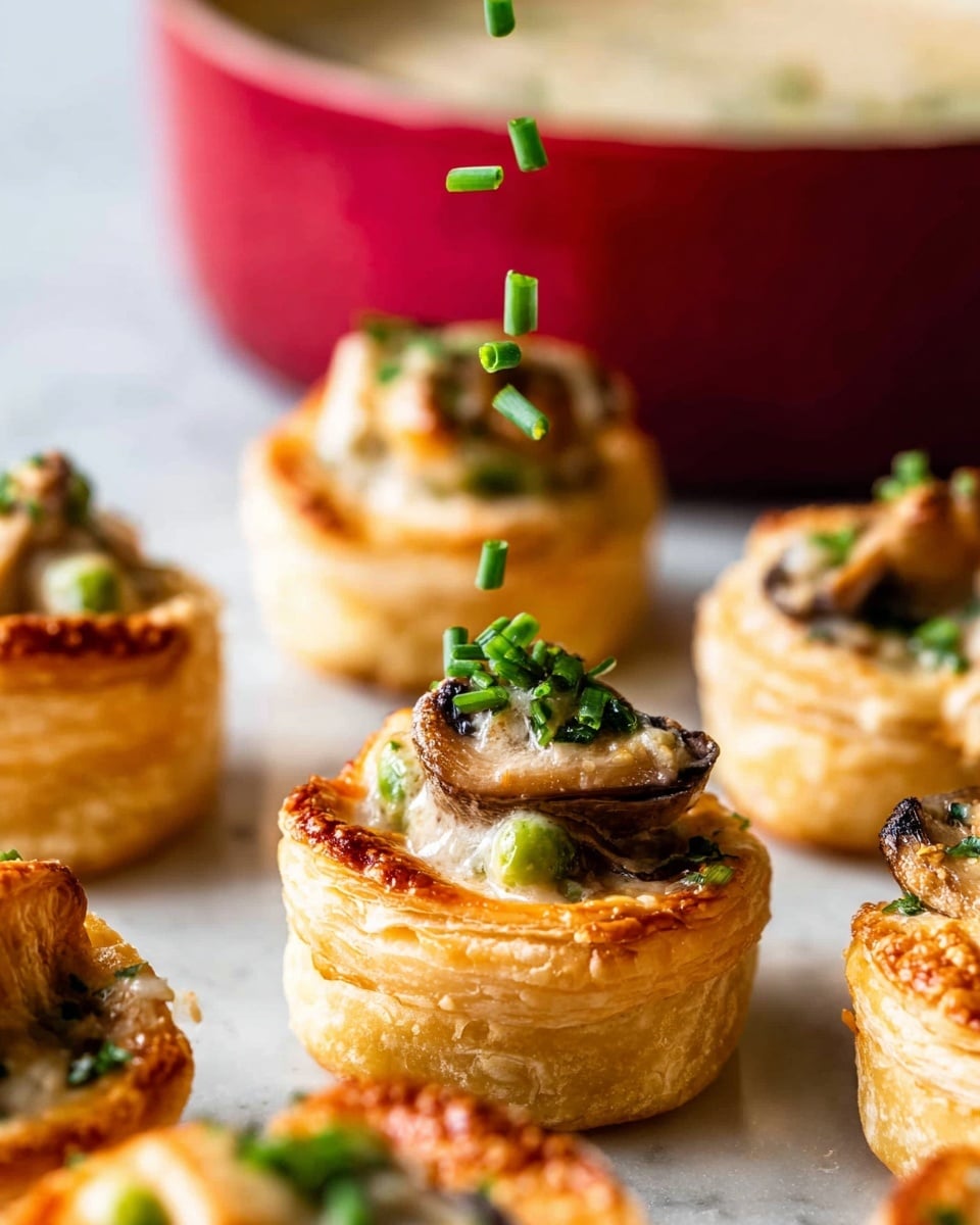 The image shows small, round puff pastry shells with a golden-brown, flaky crust layered in concentric rings, each shell hollowed in the center and filled with a creamy mixture that includes small chunks of mushrooms and bits of vegetables, topped with bright green chopped chives. The shells are placed on a rustic wooden surface with some scattered chives around. In the background, a red pot is out of focus on a white marbled surface. Photo taken with an iphone --ar 4:5 --v 7