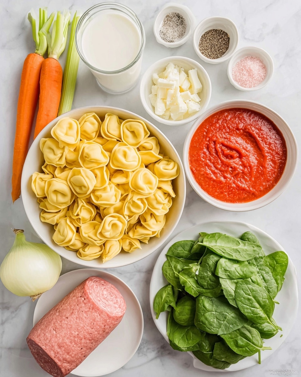 The image shows a white bowl filled with yellow tortellini pasta in the center. Above it, there is a white bowl full of bright red tomato sauce with a smooth texture. To the right of the tomato sauce, a small white bowl holds black pepper and pink salt, and nearby are two orange carrots and green celery stalks positioned upright. Below the pasta bowl, there is a white plate with a raw pink sausage roll, and next to it on the right, a white bowl contains fresh green spinach leaves. On the left side below the tomato sauce, a whole white onion is placed next to a small white bowl with minced garlic in light liquid. Below the onion, a glass container with white milk is visible. All ingredients rest on a white marbled surface. Photo taken with an iphone --ar 4:5 --v 7