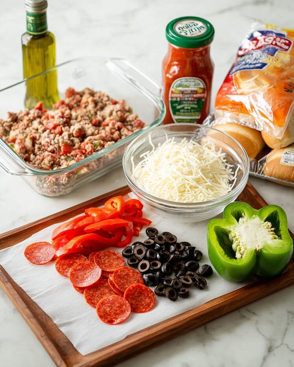 In a black cast iron pan placed on a white marbled surface, there are two visible layers of ingredients side by side. On the left side, there is a thick, rectangular block of raw ground meat with small bits of fat showing its coarse texture and a pinkish-red color. On the right side, there is a mound of finely chopped white onions with a moist, slightly translucent texture, loosely piled against the meat. The pan handle with