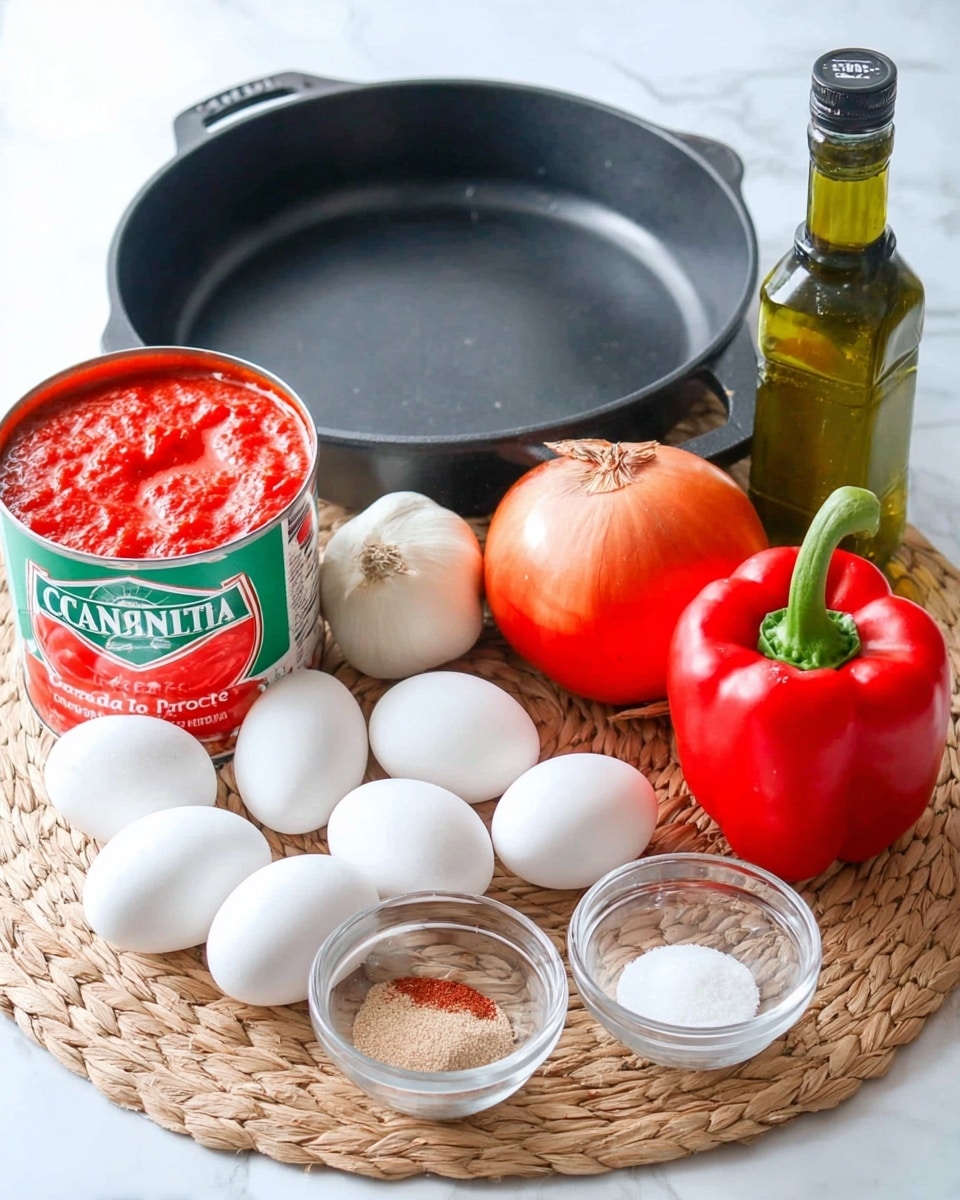 A large black skillet sits in the back on a woven mat with six white eggs arranged in a loose semi-circle in front of it, followed by a bright red bell pepper with a green stem to its right. Next to the pepper is a whole white onion and a bulb of garlic with some cloves exposed. Behind the onion, there is a large can of crushed tomatoes with red and green label colors, and next to it is a clear plastic container filled with bright red powder and a silver spoon. To the right of the container is a green bottle of extra virgin olive oil. At the front, two small clear glass bowls hold a white powdery substance and a brownish spice. The whole scene is placed on a white marbled surface photo taken with an iphone --ar 4:5 --v 7