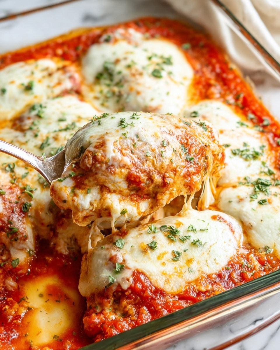 The dish shown is a baked casserole with two main layers visible. The bottom layer is a rich, bright red tomato sauce covering the base of a clear glass baking dish. On top of this sauce are large, smooth, off-white cheese dollops mixed with slightly melted mozzarella cheese, creating a creamy texture with some golden brown spots from baking. The cheese layers have small green herb garnish sprinkles for color contrast. A spoon is scooping out a portion, revealing a thick, soft inside beneath the creamy cheese and sauce layers. The dish sits on a white marbled surface. Photo taken with an iphone --ar 4:5 --v 7
