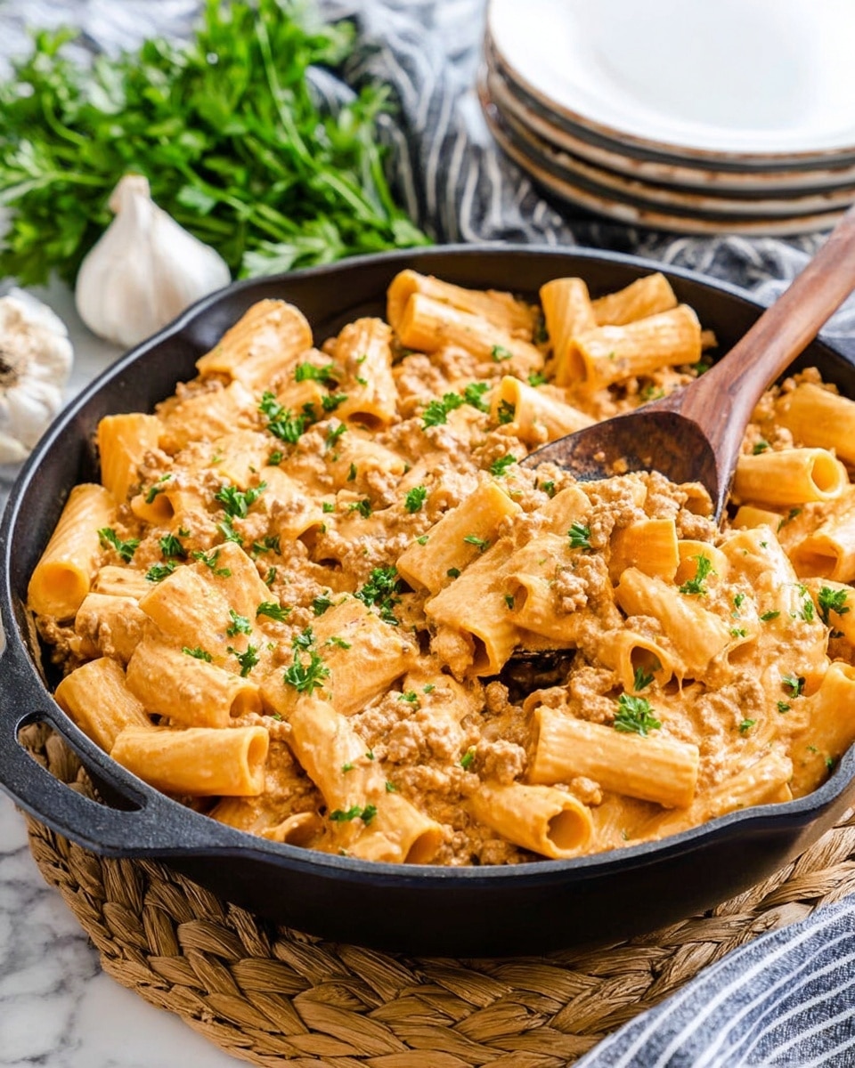 A black cast iron pan filled with rigatoni pasta covered in a creamy light orange sauce with small bits of ground meat mixed throughout. The pasta is sprinkled with bright green parsley leaves scattered on top. A wooden spoon is resting inside the pan on the right side, partially lifting some pasta. The pan is placed on a woven straw mat, with a head of garlic and fresh parsley beside it. The surface beneath is a white marbled texture, with a stack of white plates and a folded striped cloth in the soft-focused background. Photo taken with an iphone --ar 4:5 --v 7