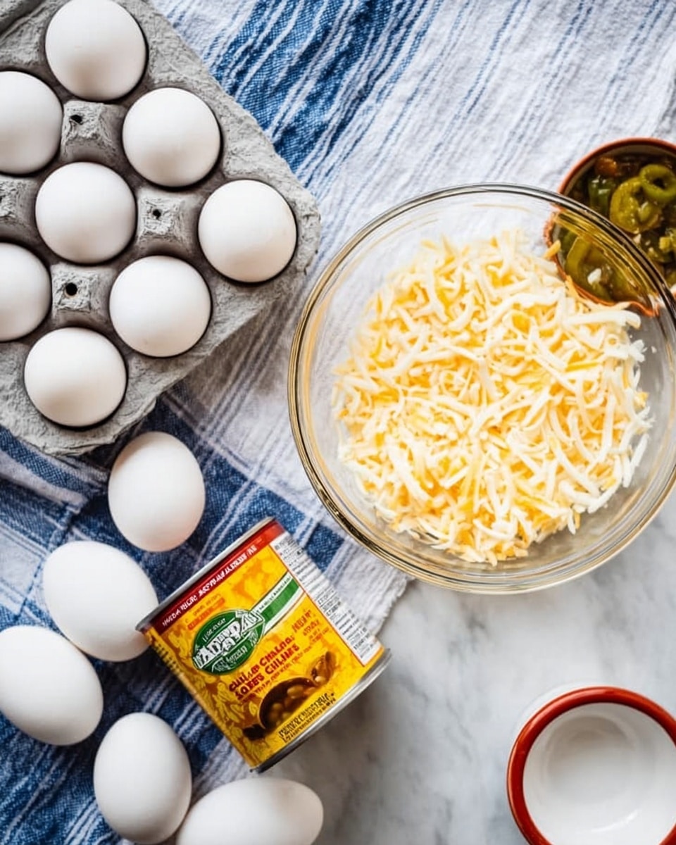 On a white marbled surface with a blue and white striped cloth, there is a glass bowl filled with shredded cheese showing a mix of yellow and white strands. Next to it, there is a can with yellow, brown, and green labeling, containing chopped green chile. To the right of the can, a small white bowl with a red rim sits empty. On the left side, there is an open gray egg carton holding several white eggs. Photo taken with an iphone --ar 4:5 --v 7