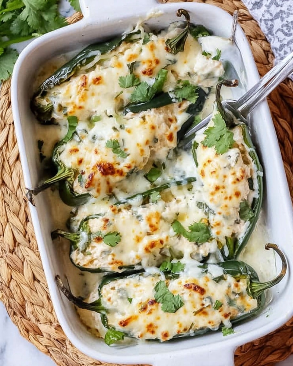 The image shows a white rectangular baking dish filled with six stuffed green jalapeño peppers arranged in two rows. Each pepper is generously covered with melted white cheese that appears soft and stringy, with some parts slightly browned. The peppers are split open and stuffed with a creamy white filling visible beneath the cheese layer. Fresh green cilantro leaves are sprinkled on top, adding a pop of color. The dish rests on a woven placemat with a white marbled background partially visible, and a fork is placed on the right side inside the dish. photo taken with an iphone --ar 4:5 --v 7