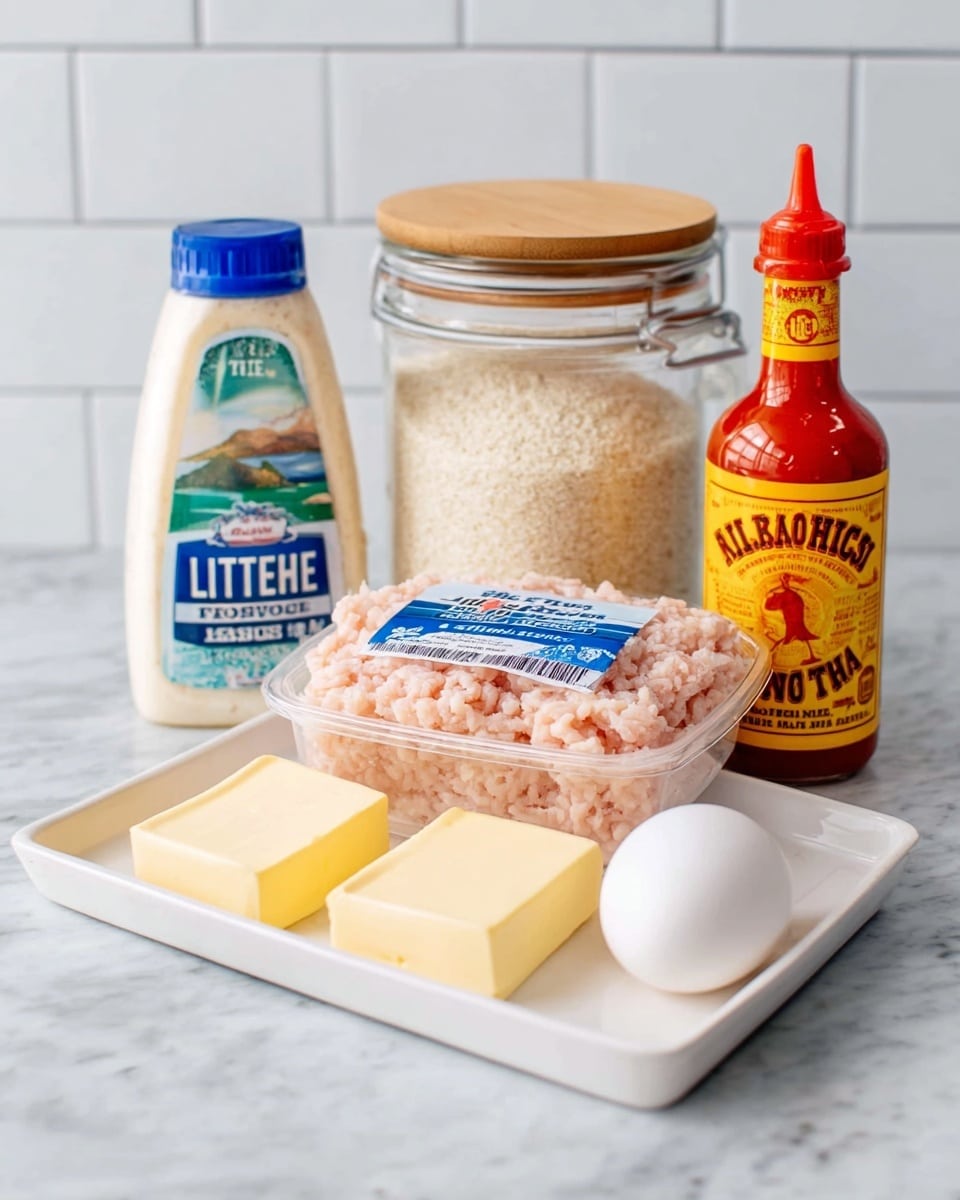 On a white marbled surface, there is a white tray holding pale pink ground chicken with a blue and white label on top. Resting on the tray are two pale yellow sticks of unsalted butter and a single white egg. Behind the tray, from left to right, there is a bottle of Litehouse Homestyle Ranch dressing with a blue cap and green label, a clear glass jar filled with light tan panko crumbs and a wooden lid, and a tall red bottle of Louisiana hot sauce with a bright yellow label and cap. The background has white subway tiles. photo taken with an iphone --ar 4:5 --v 7