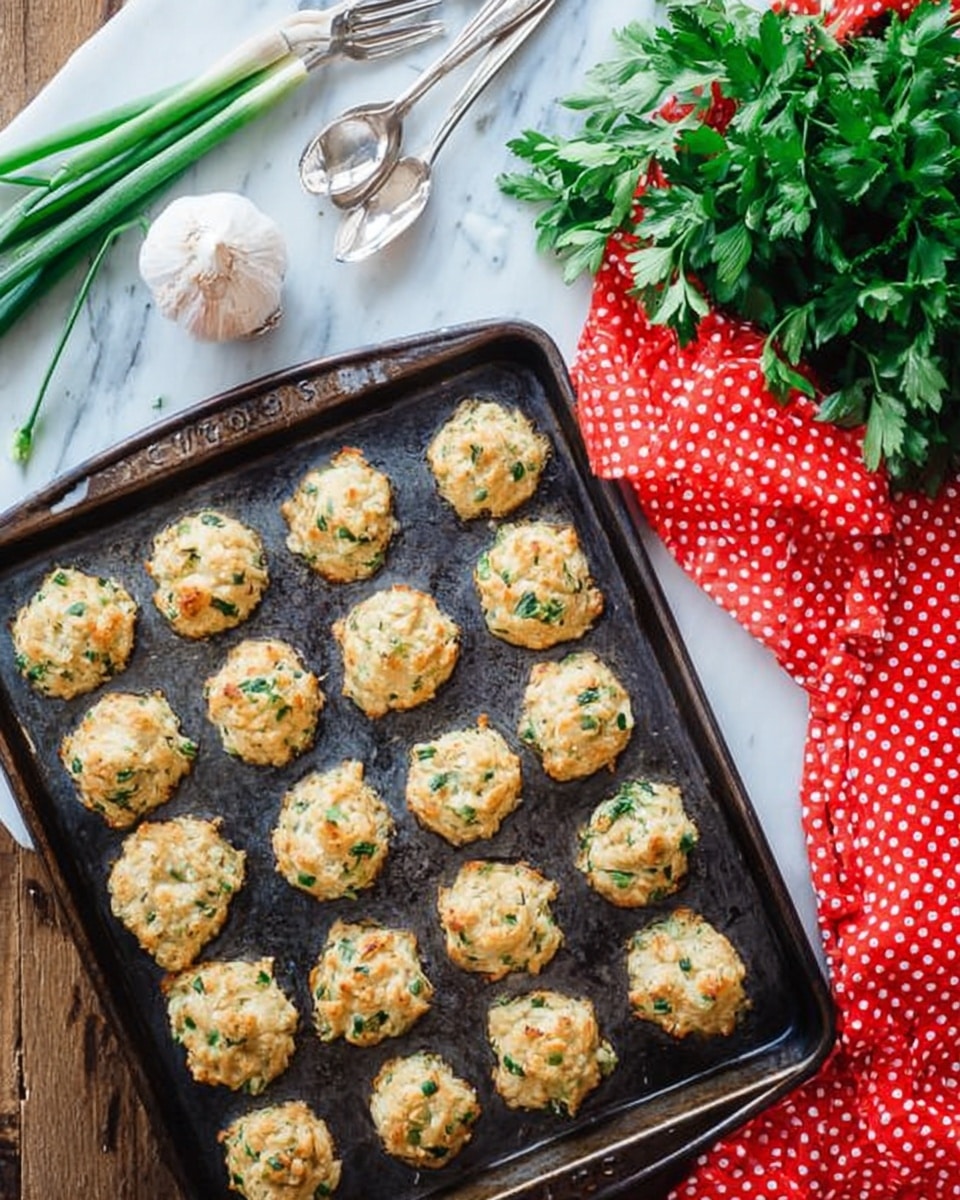 The image shows a dark metal baking tray filled with small, round, golden-brown baked bites with visible green herbs scattered inside each piece. The bites are evenly spaced in neat rows. Above the tray, there are fresh green herbs and two whole green onions resting on a white marbled surface. To the left of the tray, a red cloth with white polka dots is partly under some silver forks positioned in a bundle. In the top-left corner, a whole head of garlic sits on the white marbled surface. The scene is bright with natural light and has a fresh, home-cooked feel photo taken with an iphone --ar 4:5 --v 7