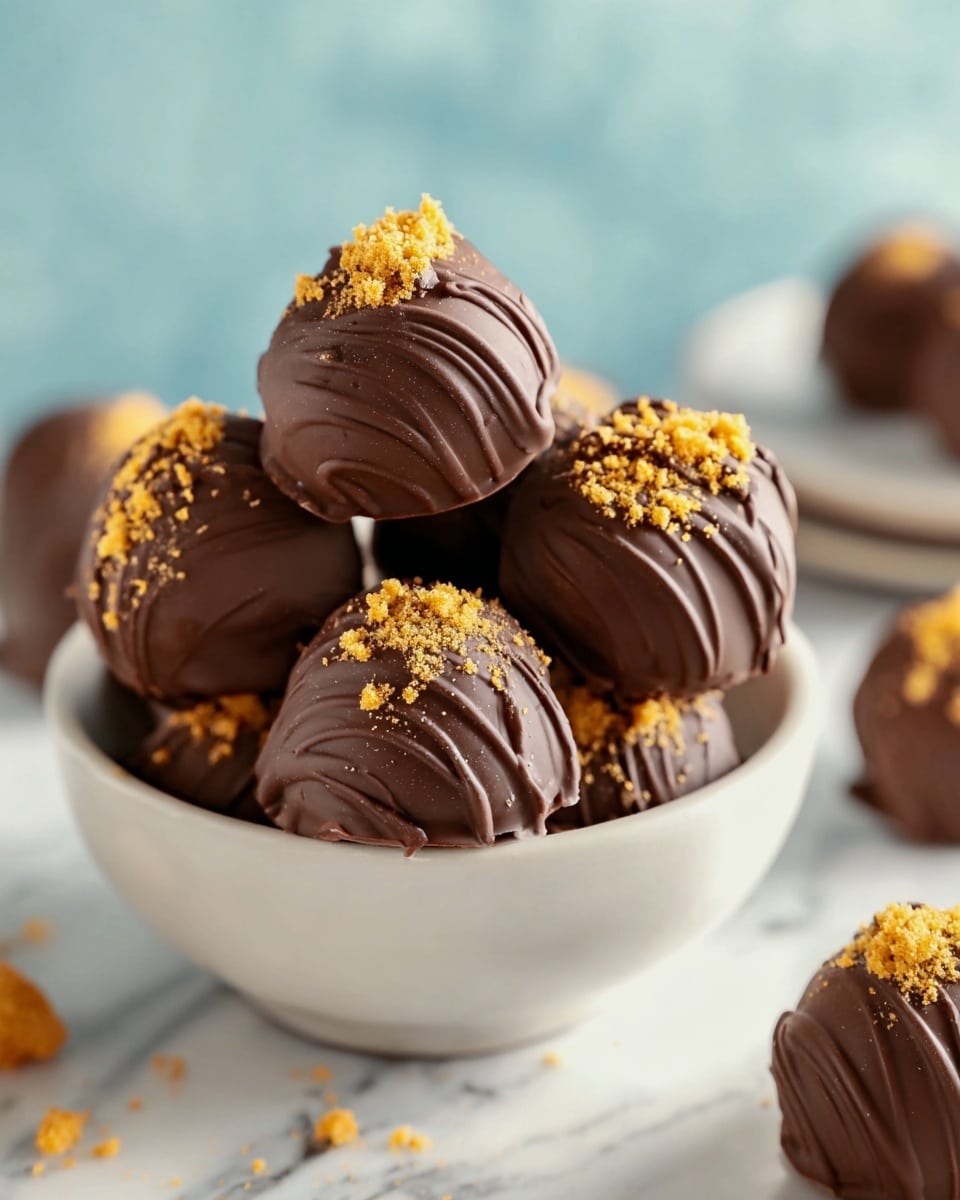 A small white bowl holds several round chocolate-covered sweets stacked in a pyramid shape with rough swirled textures on the surface, each topped with golden crumb sprinkles, all set on a white marbled surface with a soft pale blue background out of focus; more chocolate sweets are faintly visible in the background. photo taken with an iphone --ar 4:5 --v 7