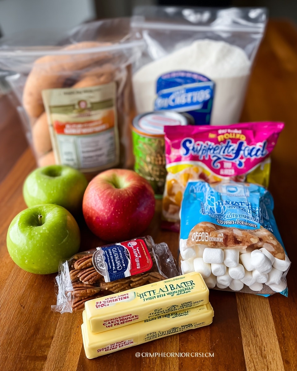 The image shows a group of ingredients arranged on a wooden surface with a white marbled background visible behind them. In the back row, there is a large clear plastic bag of light brown sugar with a blue and white label, a pink and yellow can of sweet potatoes, and a colorful bag of white mini marshmallows. In front of these, there are three green apples and one reddish apple on the left side. Next to the apples, there is a clear bag of roasted and salted pecan halves with a blue and white label. In front of this bag, there are two sticks of organic salted butter in yellow wrappers stacked with one slightly lower, and a small red container of ground cinnamon placed to the right of the butter. The items are close together, creating a cozy, warm feeling. Photo taken with an iphone --ar 4:5 --v 7