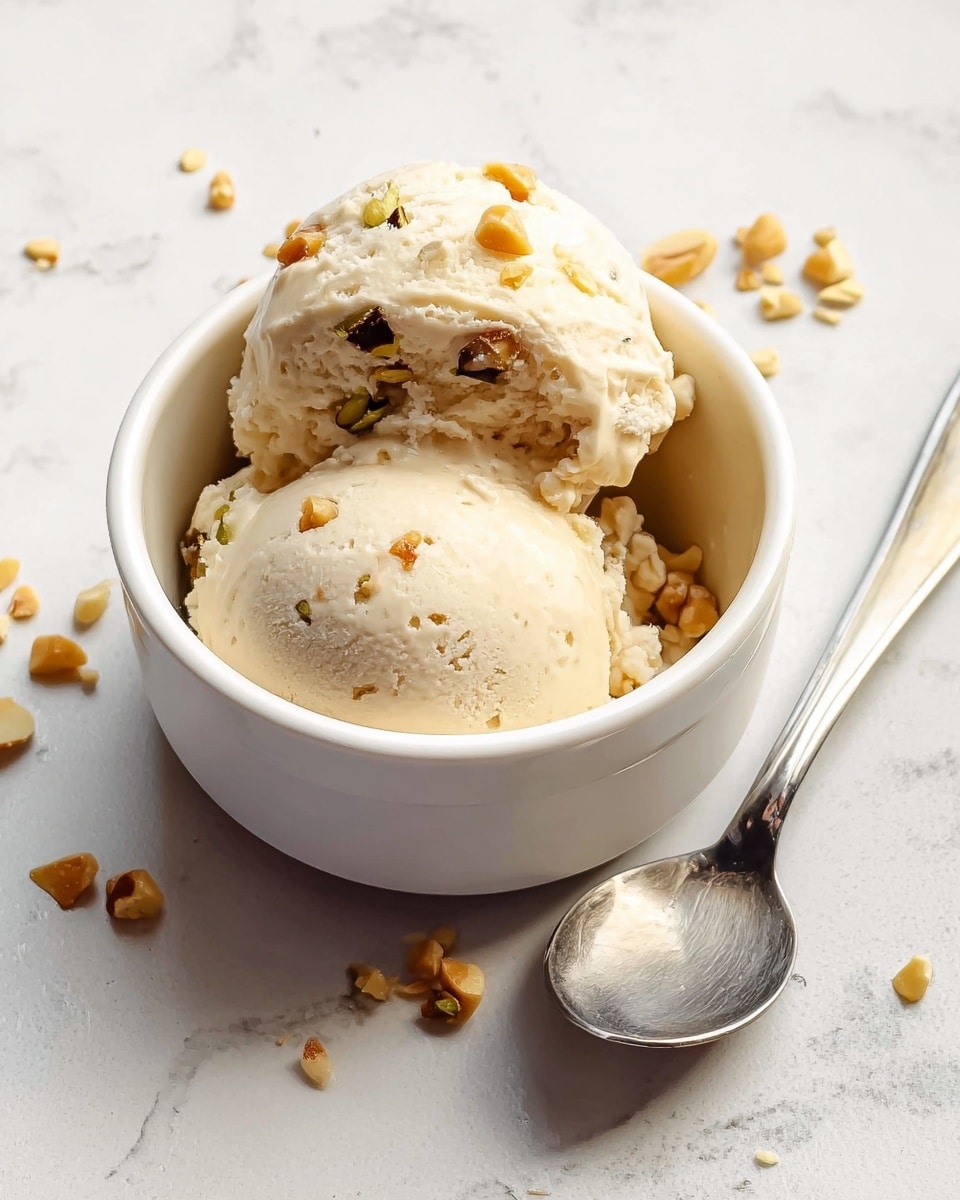 A white round ceramic bowl holds two scoops of light beige ice cream with visible small nut pieces of yellow and brown colors mixed inside, creating a slightly textured look on the creamy surface. The ice cream is smooth with occasional small air holes on top. Around the bowl, small nut fragments are scattered on a white marbled surface. To the right of the bowl lies a shiny silver spoon, its handle extending out of the frame. The scene is bright and clean, focusing on the ice cream’s soft creamy texture and chunky nuts photo taken with an iphone --ar 4:5 --v 7