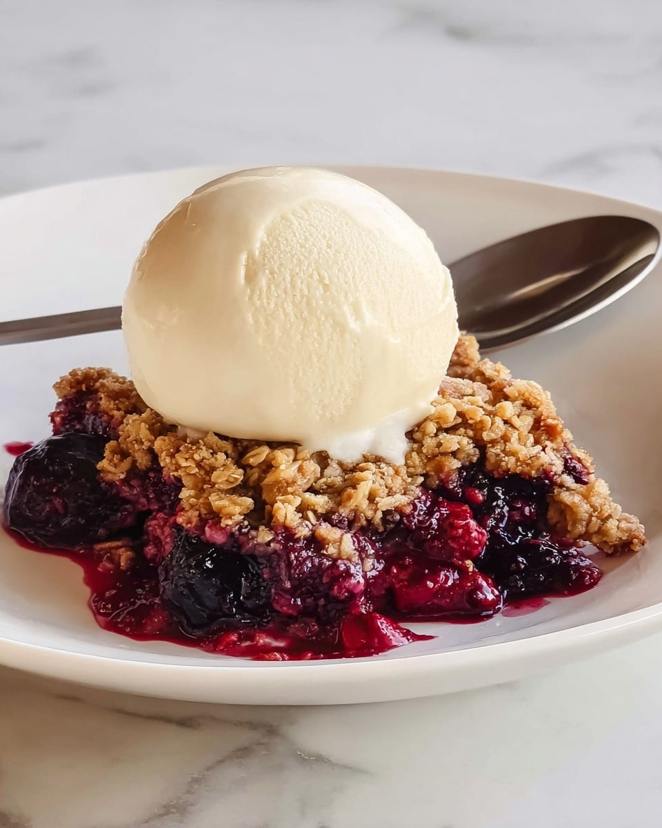 The image shows a dessert with two main layers on a white plate with a white marbled surface beneath. The bottom layer is a mixture of dark purple and bright red cooked berries, which look soft and juicy. Above it is a thick crumbly layer with a golden-brown color and a rough texture, suggesting a nutty or oat crumble topping. On top of the crumble, there is a large, smooth, creamy scoop of pale vanilla ice cream, almost spherical, with some slight texture on the surface. A silver spoon is placed on the plate behind the dessert, adding a metallic shine to the scene. The photo taken with an iphone --ar 4:5 --v 7