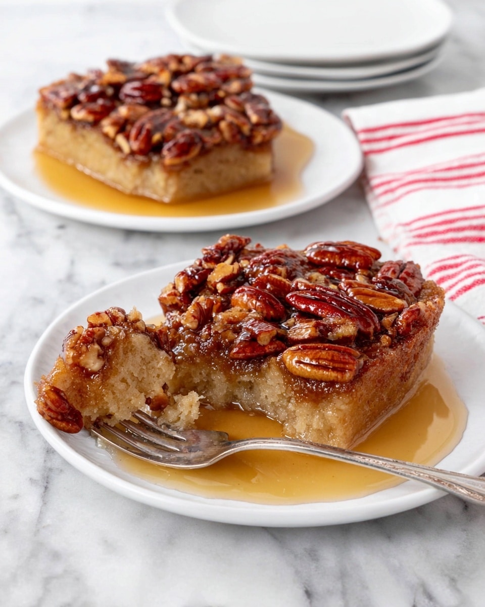 The image shows two pieces of a soft, light brown cake with a moist texture, each topped with a thick layer of whole pecan nuts that are shiny and dark brown. The cake sits in a shallow pool of golden syrup that spreads across the white plate, adding a glossy look. One piece is in the foreground with a silver fork holding a bite-sized piece of cake, showing a soft, fluffy inside. The other piece is placed slightly farther back on a similar white plate. The background features a white marbled surface with a white plate stack and a red-striped cloth partially visible. Photo taken with an iphone --ar 4:5 --v 7