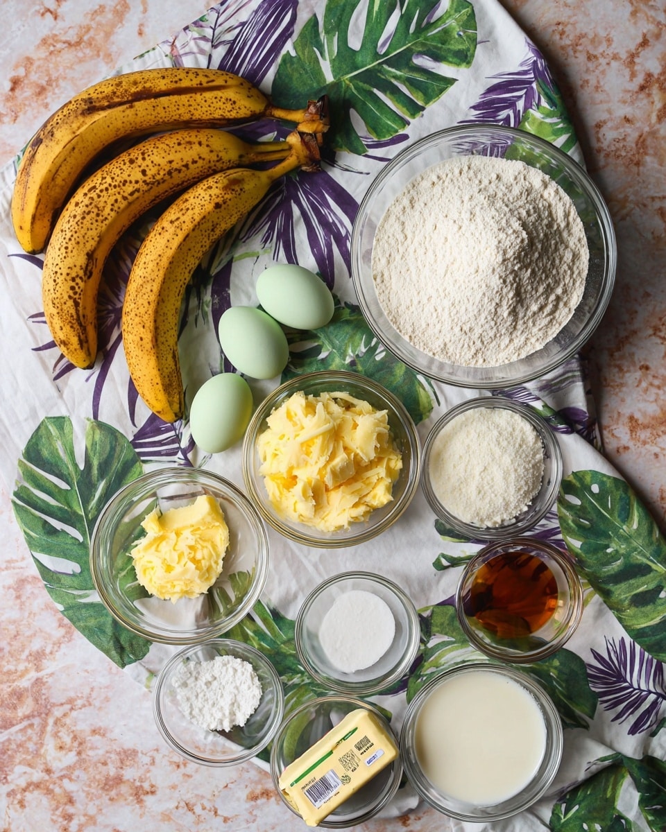 The image shows an overhead view of various ingredients arranged on a white marbled surface. Two ripe bananas with brown spots rest on a white cloth with a green and purple leafy pattern, next to two light green eggs. There is a stick of butter with its label visible placed near the bananas. Nine small glass bowls hold different ingredients, including a large bowl filled with white flour positioned near the center, a smaller bowl of white sugar, a bowl with light yellow mashed bananas, a bowl with white grated cheese, a bowl of white powder, a bowl with a light cream liquid, and another small bowl with a brown liquid. photo taken with an iphone --ar 4:5 --v 7