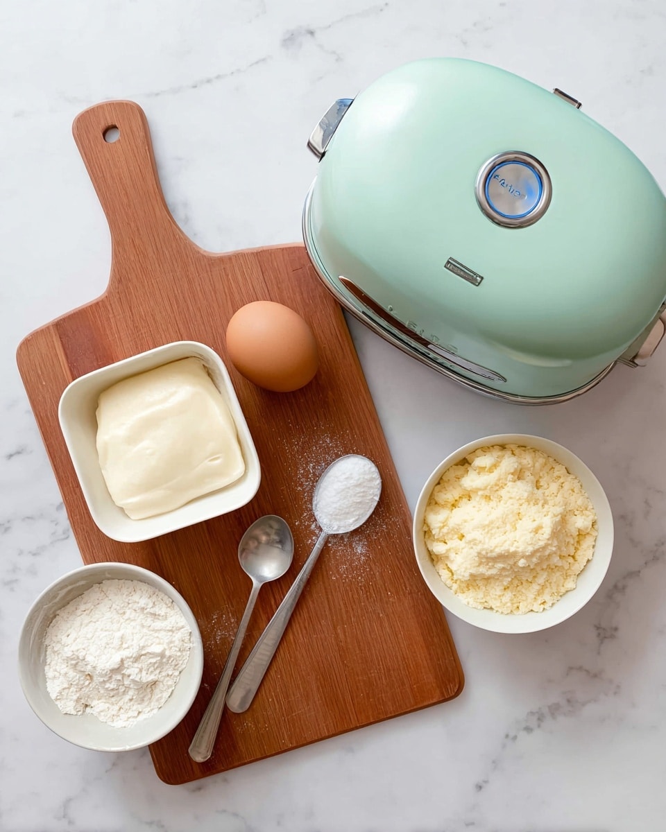 A wooden board with a smooth texture sits on a white marbled surface; on the board lies a brown egg, a small white square dish filled with a creamy off-white substance, a metal spoon with a white powdery ingredient on it, and an empty metal spoon below. Next to the board is a small white bowl filled with pale yellow flour. To the right of the bowl, there is a mint green electric kitchen appliance with a rounded shape and a blue circular indicator on top. photo taken with an iphone --ar 4:5 --v 7