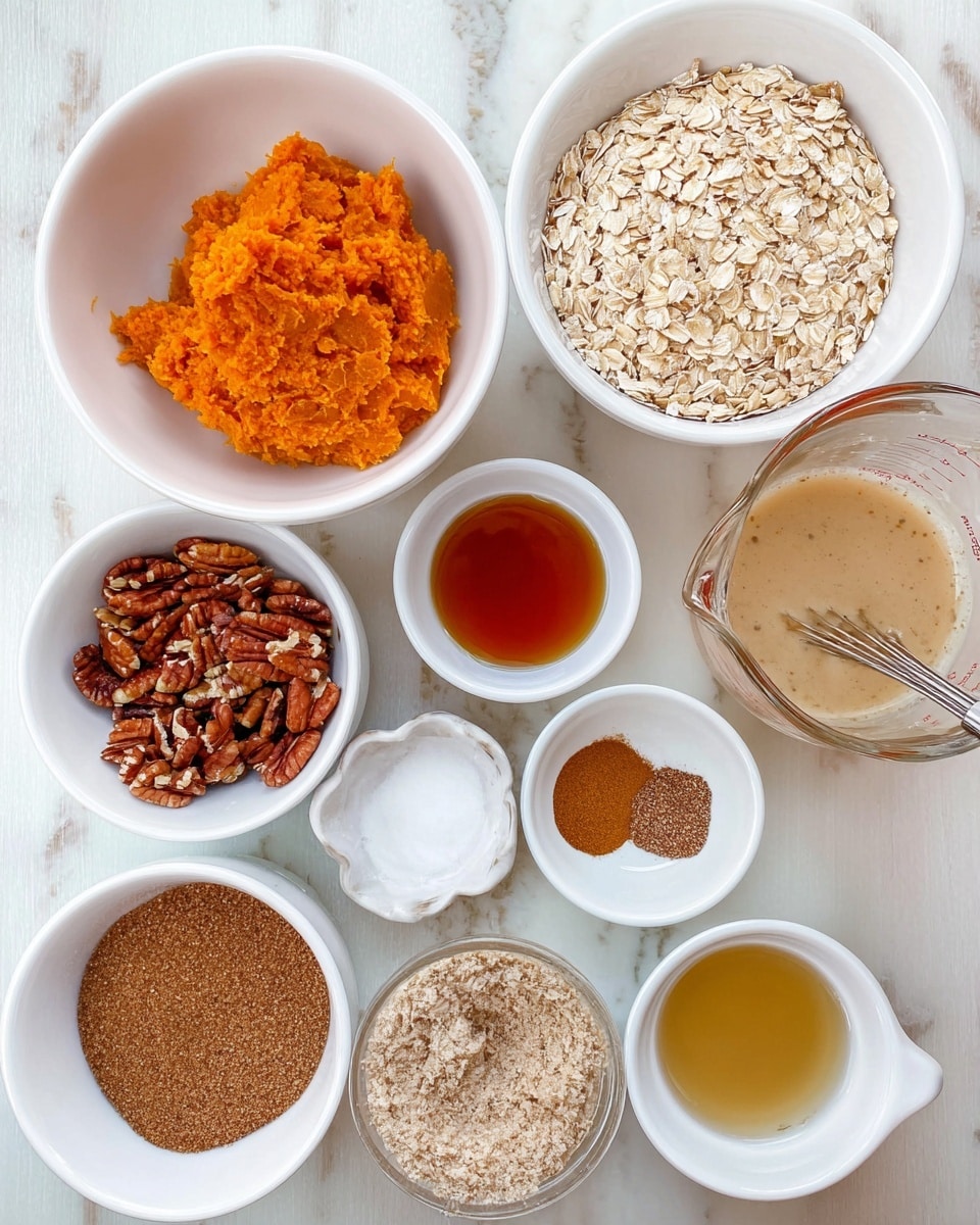 The image shows several white bowls and a glass bowl arranged on a white marbled surface, each holding different ingredients for baking. One bowl contains mashed orange pumpkin, another is filled with light beige rolled oats. A small white bowl holds chopped pecans, and another small white bowl has packed brown sugar. There are two small white bowls with light and dark brown spices, and a very small clear glass bowl with white powder. Two liquid ingredients are in white bowls: one a golden syrup and the other an amber-colored liquid. A larger white bowl has a whisk standing in a grainy light brown liquid mixture, and next to it is a tall white measuring cup filled with a pale liquid. photo taken with an iphone --ar 4:5 --v 7