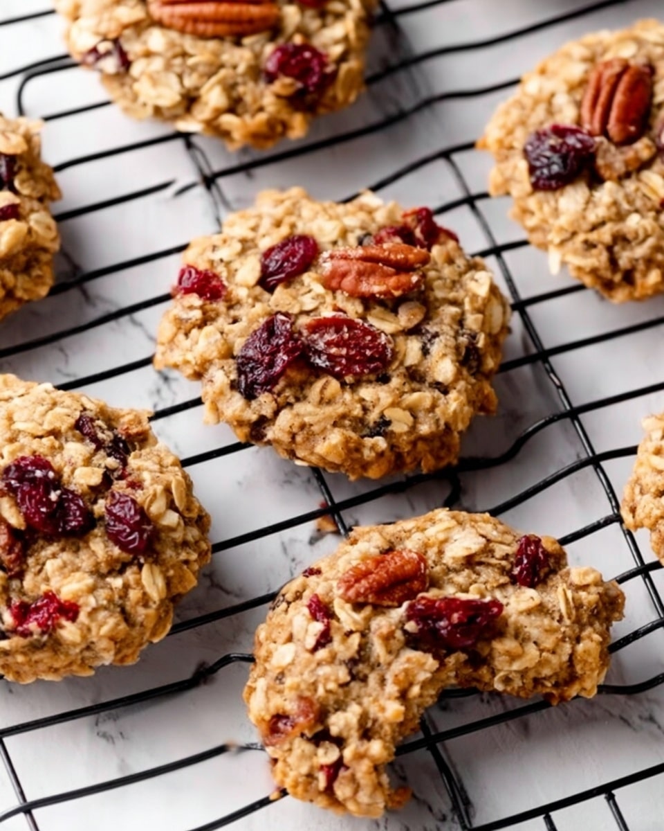 The image shows several oatmeal cookies placed on a black cooling rack, arranged in a loose pattern with space between each cookie. Each cookie has visible layers with a rough, uneven texture of oats on the surface, colored light tan to golden brown. Mixed within the oats are pieces of red cranberries and pecan nuts in warm brown tones, adding contrast. The background is a white marbled surface, visible through the gaps in the rack and around the edges. One cookie at the front center appears partially eaten, showing a crumbly inside with the same mix of oats, nuts, and dried fruit. The photo is taken with an iphone --ar 4:5 --v 7