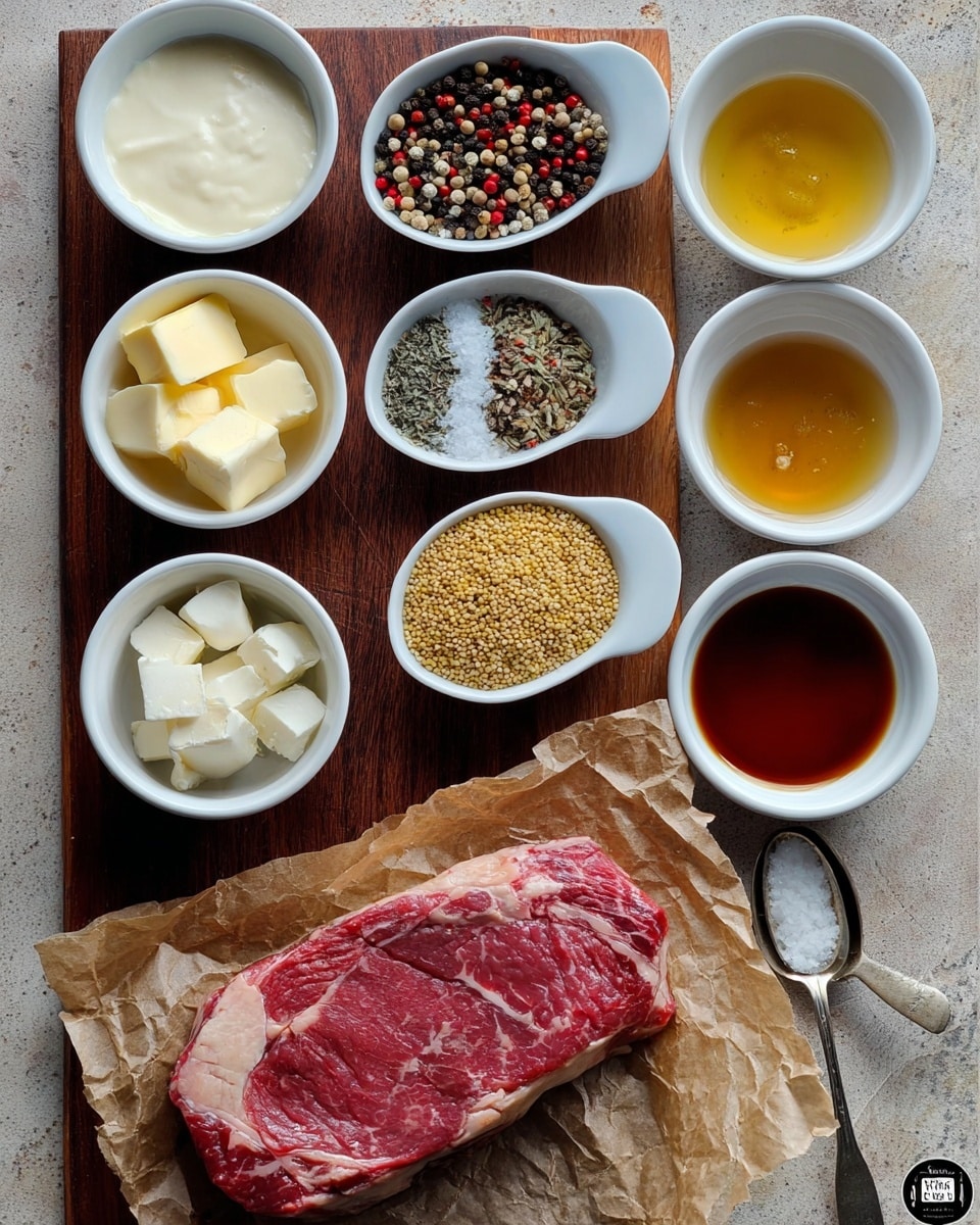 The image shows a raw marbled red steak with white fat edges placed on a crumpled brown paper at the bottom center. Above the steak, there are eight white bowls and one silver spoon arranged neatly on a dark wooden board. From left to right, top to bottom, the first bowl contains white creamy sauce with a smooth texture; the second bowl is filled with a mix of coarse black, white, and red peppercorns; the third bowl contains a clear light yellow liquid. Below, the first bowl holds small cubes of pale yellow butter; the second bowl has a silver spoon filled with grainy yellow mustard; the third bowl contains a coarse white salt. The fourth row has two bowls side by side; one with amber honey and the other with a dark brown liquid. The whole setup is placed on a white marbled texture surface. photo taken with an iphone --ar 4:5 --v 7