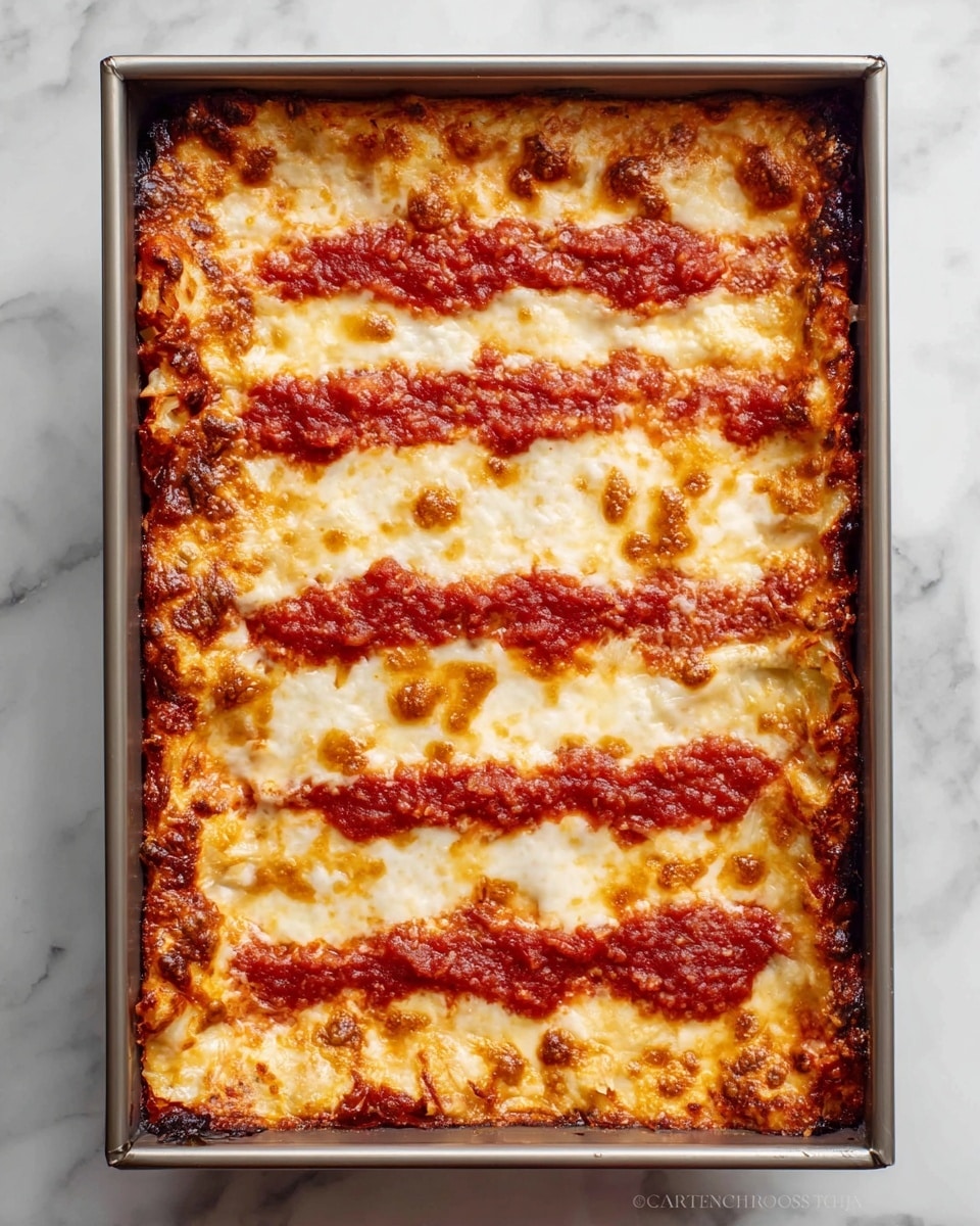 A rectangular baked dish with four thick, even layers alternating between melted golden-brown cheese and bright red tomato sauce stripes running vertically. The cheese layers have a bubbly, slightly crisp texture with browned spots, while the tomato sauce layers appear smooth and thick. The edges of the dish show some browned, crispy cheese, creating a contrast with the soft center. The dish sits in a square metal pan placed on a white marbled surface. photo taken with an iphone --ar 4:5 --v 7
