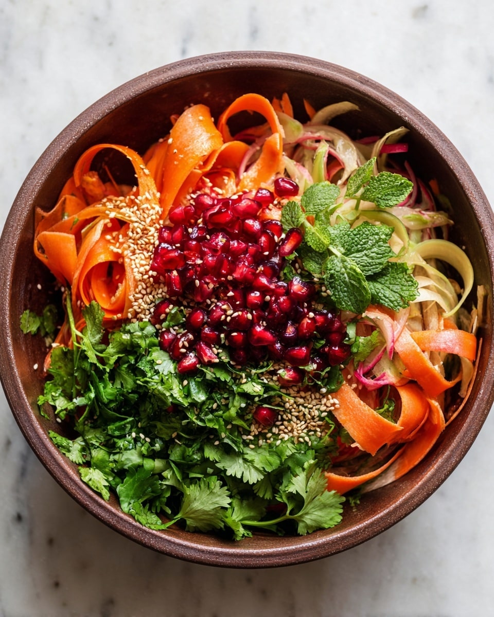 A brown bowl filled with a colorful salad showing visible layers. The bottom layer has thin, curly ribbons of light orange carrots and pale pinkish-purple ribbons. On top of these ribbons, there is a mound of dark red pomegranate seeds in the center and fresh green herbs, including chopped cilantro and mint, spread around. Tan sesame seeds are sprinkled over the herbs and ribbons. The bowl sits on a white marbled surface. Photo taken with an iphone --ar 4:5 --v 7